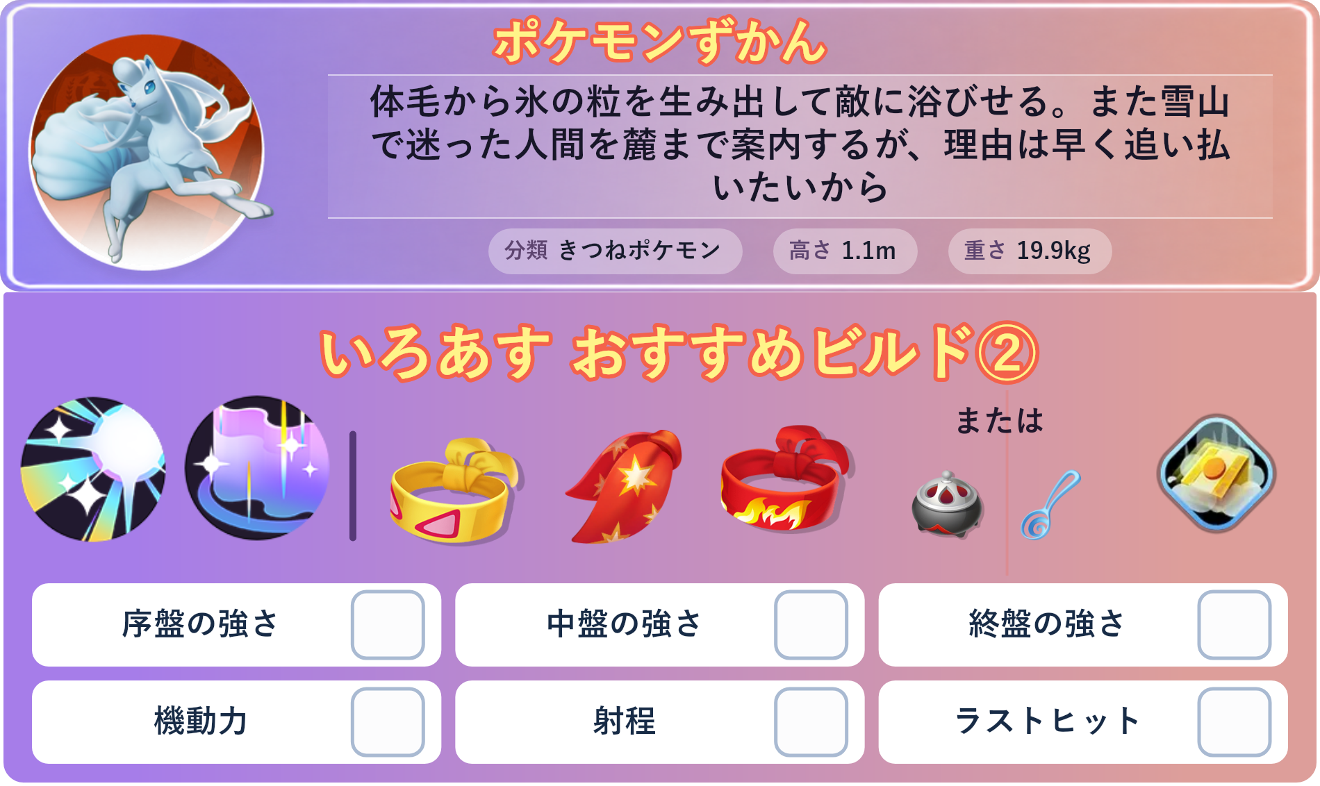 アローラキュウコン。ポケモンずかん：体毛から氷の粒を生み出して敵に浴びせる。また雪山で迷った人間を麓まで案内するが、理由は早く追い払いたいから 分類：きつねポケモン、高さ：1.1m、重さ：19.9kg。いろあす おすすめビルド②。技：マジカルシャイン、オーロラベール。持ち物：ちからのハチマキ、れんだスカーフ、きあいのハチマキ。バトルアイテム：だっしゅつボタン。持ち物：ちからのハチマキ、れんだスカーフ、きあいのハチマキ。持ち物 または：のろいのおこう、すりぬけスプーン。