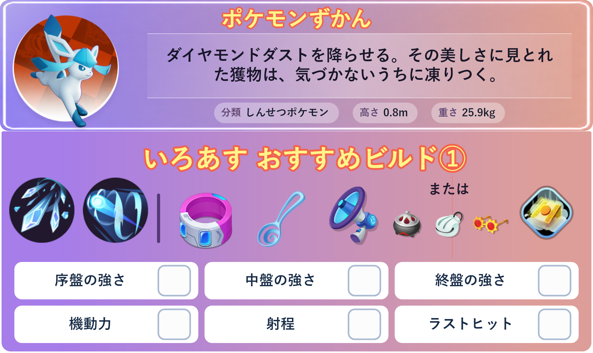 グレイシア。ポケモンずかん：ダイヤモンドダストを降らせる。その美しさに見とれた獲物は、気づかないうちに凍りつく。 分類：しんせつポケモン、高さ：0.8m、重さ：25.9kg。いろあす おすすめビルド①。技：こごえるかぜ、フリーズドライ。持ち物：ドライブレンズ、すりぬけスプーン、エナジーアンプ。バトルアイテム：だっしゅつボタン。技：こごえるかぜ、フリーズドライ。持ち物：ドライブレンズ、すりぬけスプーン、エナジーアンプ。持ち物 または：のろいのおこう、かいがらのすず、こだわりメガネ。