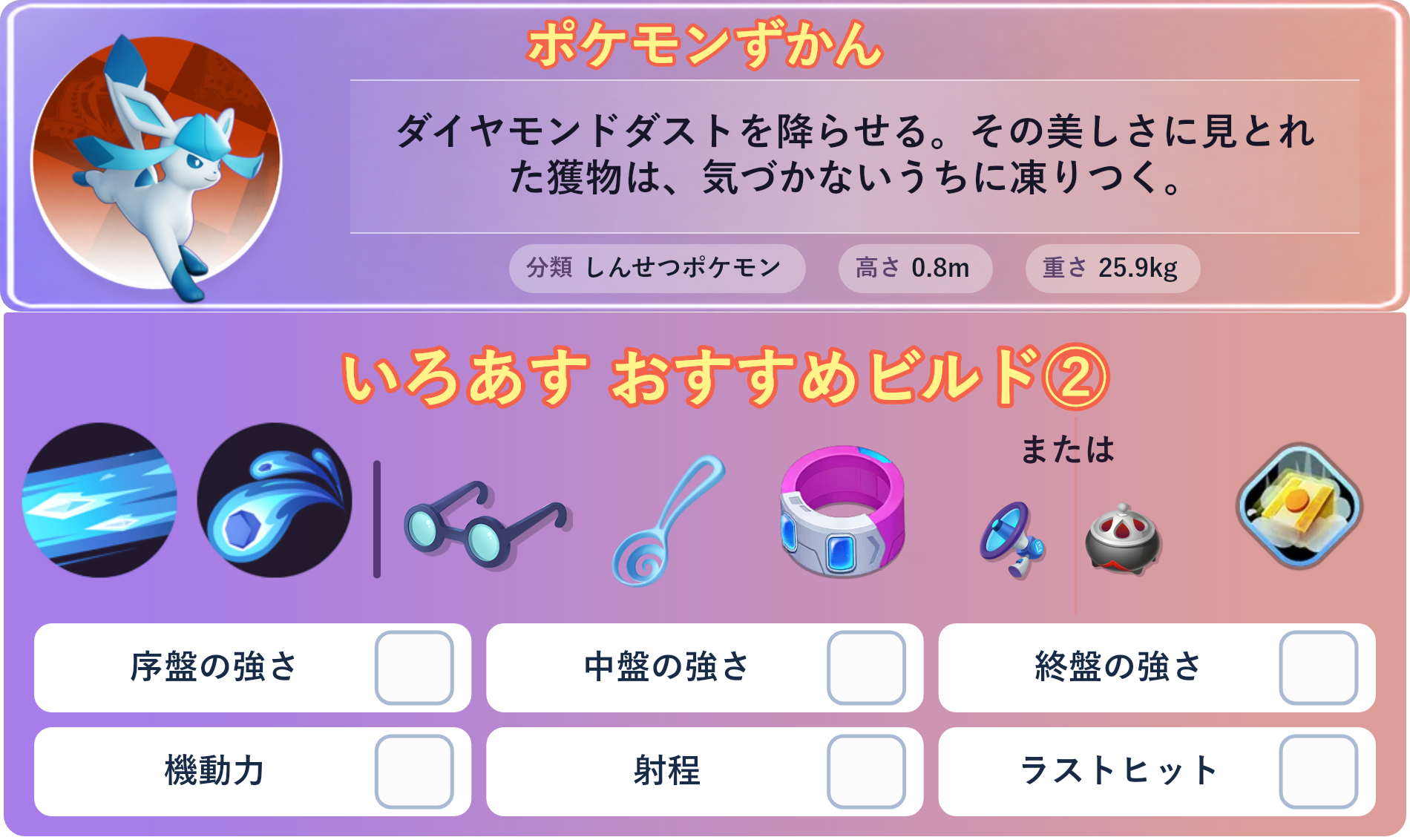 グレイシア。ポケモンずかん：ダイヤモンドダストを降らせる。その美しさに見とれた獲物は、気づかないうちに凍りつく。 分類：しんせつポケモン、高さ：0.8m、重さ：25.9kg。いろあす おすすめビルド②。技：つららばり、こおりのつぶて。持ち物：ものしりメガネ、すりぬけスプーン、ドライブレンズ。バトルアイテム：だっしゅつボタン。技：つららばり、こおりのつぶて。持ち物：ものしりメガネ、すりぬけスプーン、ドライブレンズ。持ち物 または：エナジーアンプ、のろいのおこう。