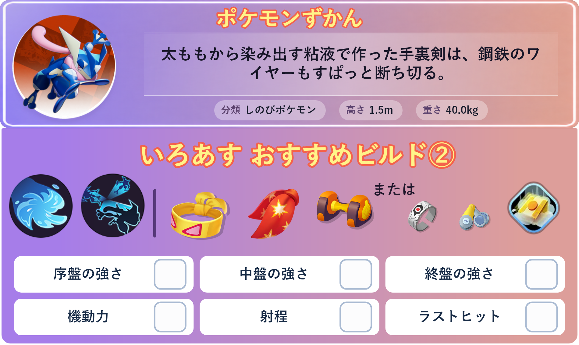 ゲッコウガ。ポケモンずかん：太ももから染み出す粘液で作った手裏剣は、鋼鉄のワイヤーもすぱっと断ち切る。 分類：しのびポケモン、高さ：1.5m、重さ：40.0kg。いろあす おすすめビルド②。技：みずしゅりけん、かげぶんしん。持ち物：ちからのハチマキ、れんだスカーフ、もうこうダンベル。バトルアイテム：だっしゅつボタン。。