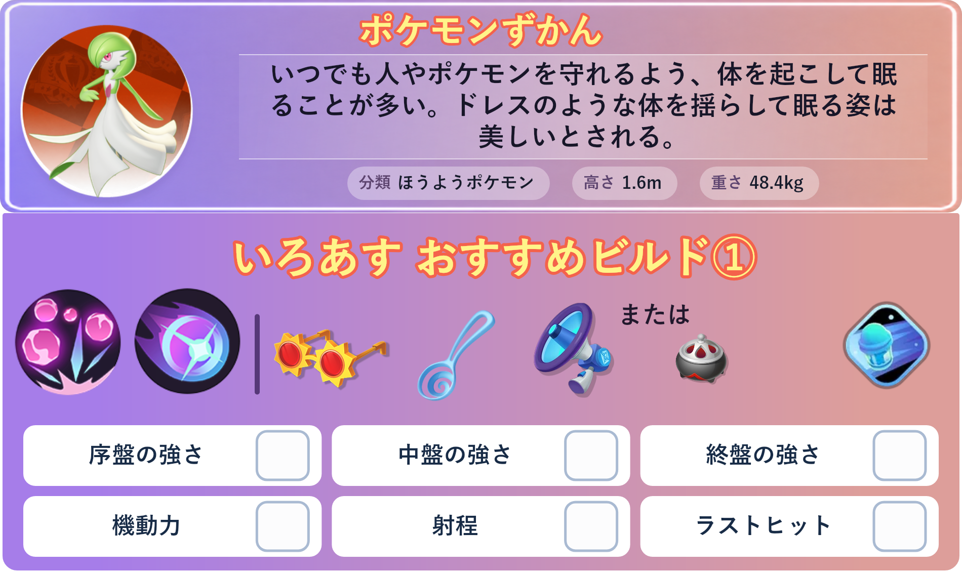 サーナイト。ポケモンずかん：いつでも人やポケモンを守れるよう、体を起こして眠ることが多い。ドレスのような体を揺らして眠る姿は美しいとされる。 分類：ほうようポケモン、高さ：1.6m、重さ：48.4kg。いろあす おすすめビルド①。技：サイコショック、ムーンフォース。持ち物：こだわりメガネ、すりぬけスプーン、エナジーアンプ。バトルアイテム：スピーダー。。
