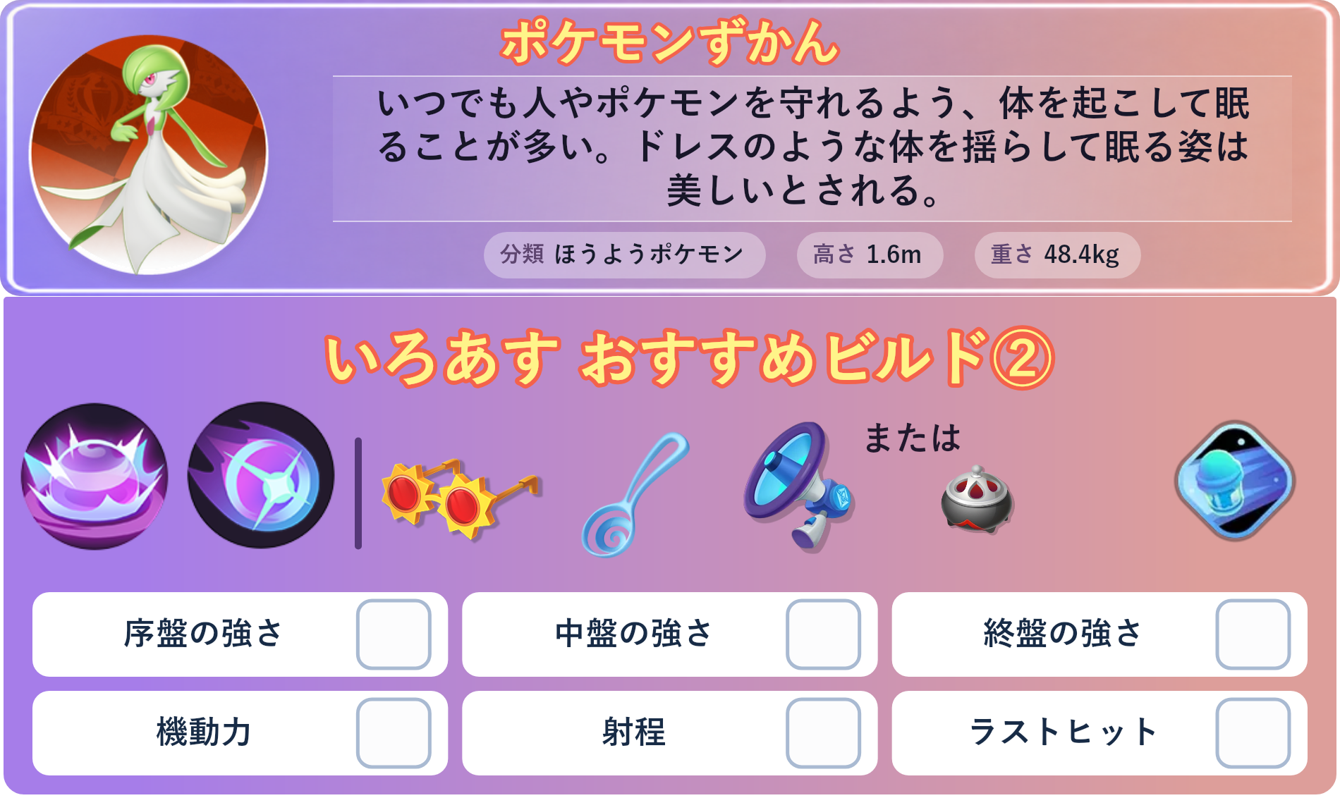 サーナイト。ポケモンずかん：いつでも人やポケモンを守れるよう、体を起こして眠ることが多い。ドレスのような体を揺らして眠る姿は美しいとされる。 分類：ほうようポケモン、高さ：1.6m、重さ：48.4kg。いろあす おすすめビルド②。技：みらいよち、ムーンフォース。持ち物：こだわりメガネ、すりぬけスプーン、エナジーアンプ。バトルアイテム：スピーダー。。