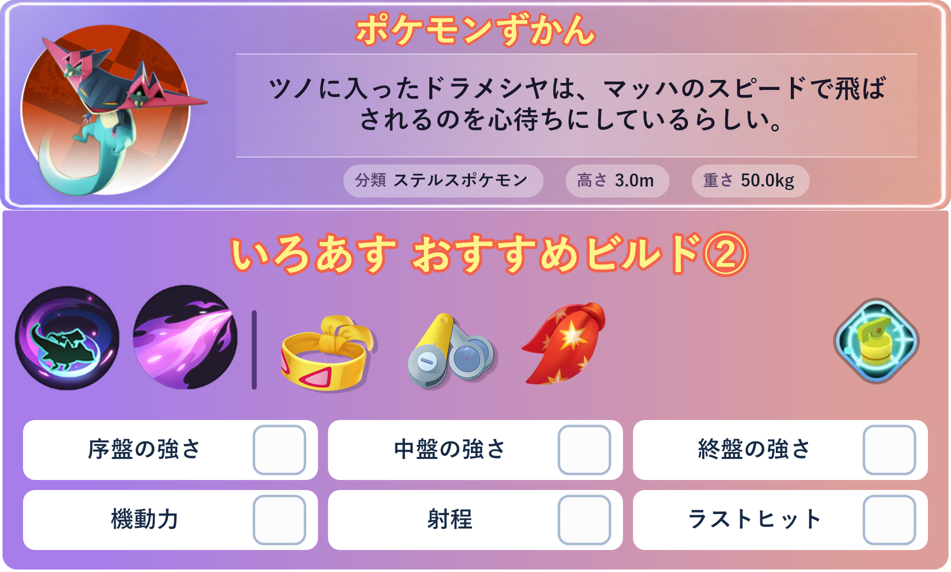 ドラパルト。ポケモンずかん：ツノに入ったドラメシヤは、マッハのスピードで飛ばされるのを心待ちにしているらしい。 分類：ステルスポケモン、高さ：3.0m、重さ：50.0kg。いろあす おすすめビルド②。技：りゅうのまい、りゅうのいぶき。持ち物：ちからのハチマキ、ピントレンズ、れんだスカーフ。バトルアイテム：なんでもなおし。。