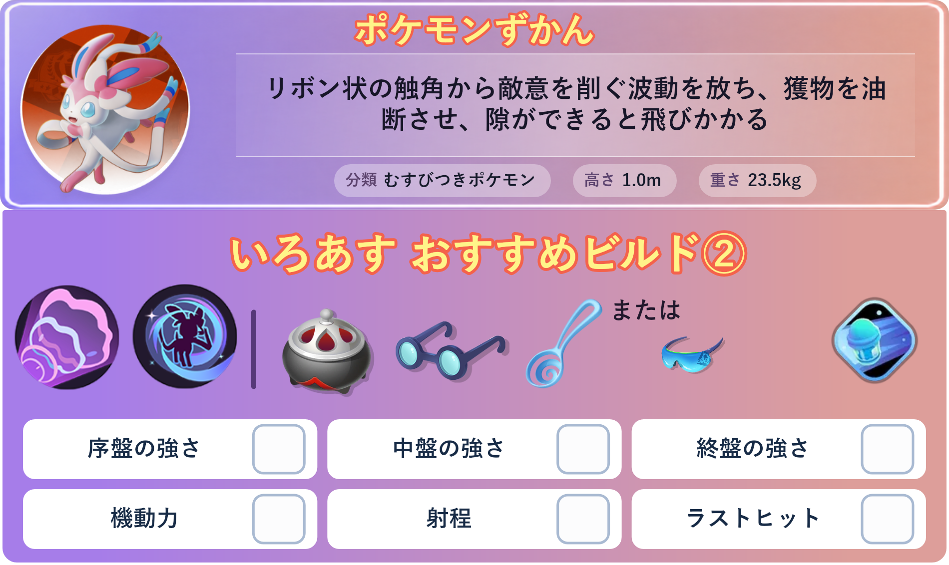 ニンフィア。ポケモンずかん：リボン状の触角から敵意を削ぐ波動を放ち、獲物を油断させ、隙ができると飛びかかる 分類：むすびつきポケモン、高さ：1.0m、重さ：23.5kg。いろあす おすすめビルド②。技：ハイパーボイス、めいそう。持ち物：のろいのおこう、ものしりメガネ、すりぬけスプーン。バトルアイテム：スピーダー。。