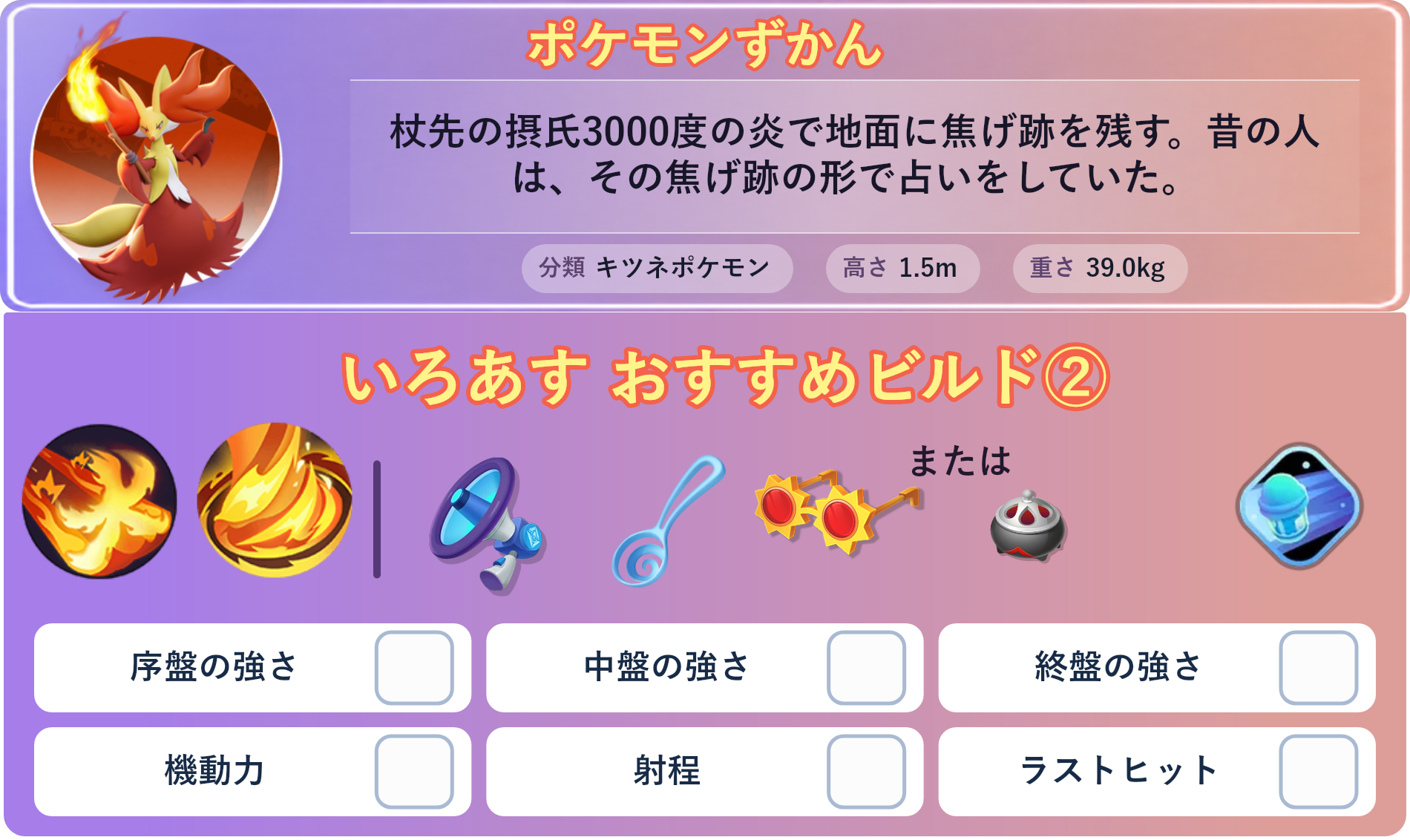 マフォクシー。ポケモンずかん：杖先の摂氏3000度の炎で地面に焦げ跡を残す。昔の人は、その焦げ跡の形で占いをしていた。 分類：キツネポケモン、高さ：1.5m、重さ：39.0kg。いろあす おすすめビルド②。技：だいもんじ、ほのおのうず。持ち物：エナジーアンプ、すりぬけスプーン、こだわりメガネ。バトルアイテム：スピーダー。。