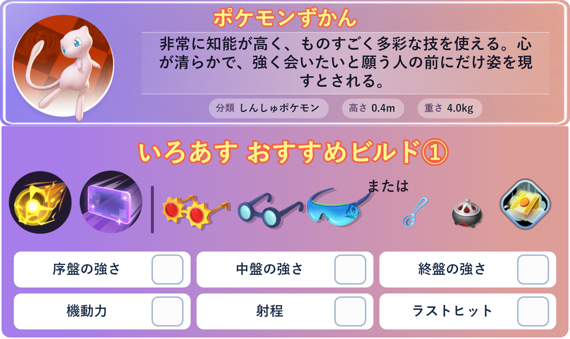 ミュウ。ポケモンずかん：非常に知能が高く、ものすごく多彩な技を使える。心が清らかで、強く会いたいと願う人の前にだけ姿を現すとされる。 分類：しんしゅポケモン、高さ：0.4m、重さ：4.0kg。いろあす おすすめビルド①。技：エレキボール、ひかりのかべ。持ち物：こだわりメガネ、ものしりメガネ、しんげきメガネ。バトルアイテム：だっしゅつボタン。。