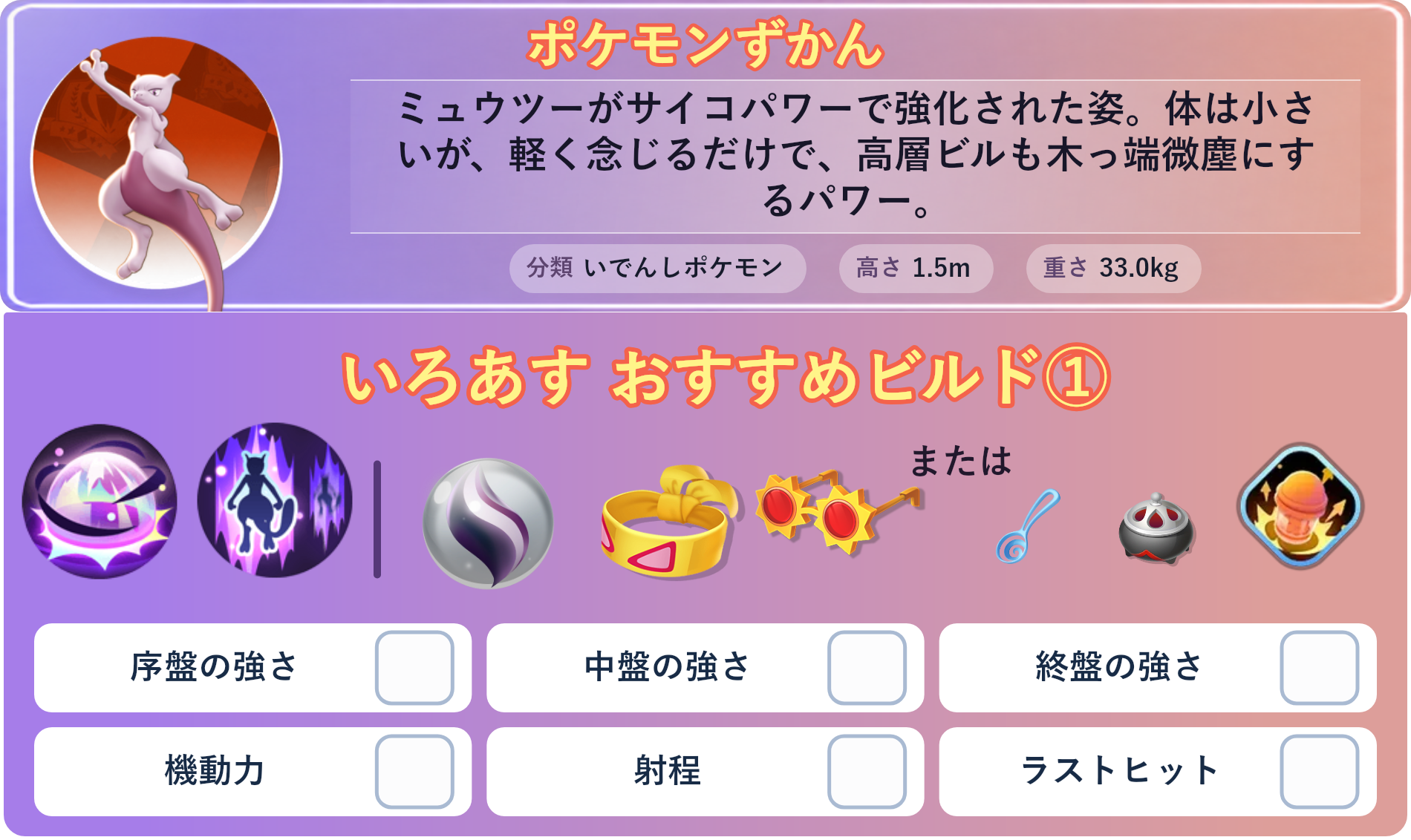 ミュウツーY。ポケモンずかん：ミュウツーがサイコパワーで強化された姿。体は小さいが、軽く念じるだけで、高層ビルも木っ端微塵にするパワー。 分類：いでんしポケモン、高さ：1.5m、重さ：33.0kg。いろあす おすすめビルド①。技：サイコブレイク、テレポート。持ち物：ミュウツナイトY、ちからのハチマキ、こだわりメガネ。バトルアイテム：プラスパワー。。