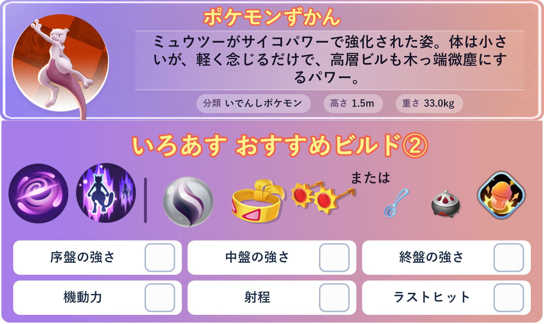 ミュウツーY。ポケモンずかん：ミュウツーがサイコパワーで強化された姿。体は小さいが、軽く念じるだけで、高層ビルも木っ端微塵にするパワー。 分類：いでんしポケモン、高さ：1.5m、重さ：33.0kg。いろあす おすすめビルド②。技：みらいよち、テレポート。持ち物：ミュウツナイトY、ちからのハチマキ、こだわりメガネ。バトルアイテム：プラスパワー。。
