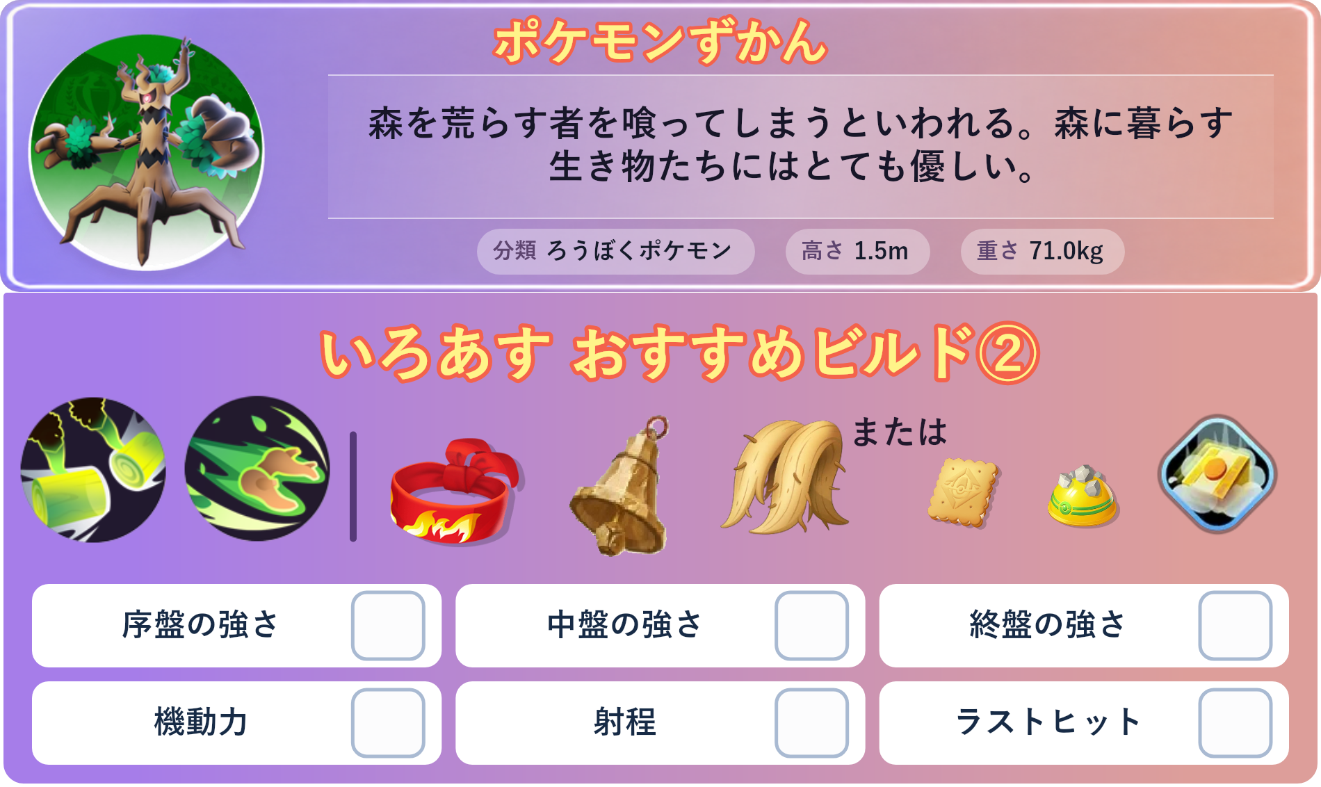オーロット。ポケモンずかん：森を荒らす者を喰ってしまうといわれる。森に暮らす生き物たちにはとても優しい。 分類：ろうぼくポケモン、高さ：1.5m、重さ：71.0kg。いろあす おすすめビルド②。技：ウッドハンマー、ウッドホーン。持ち物：きあいのハチマキ、さきがけベル、おおきなねっこ。バトルアイテム：だっしゅつボタン。。