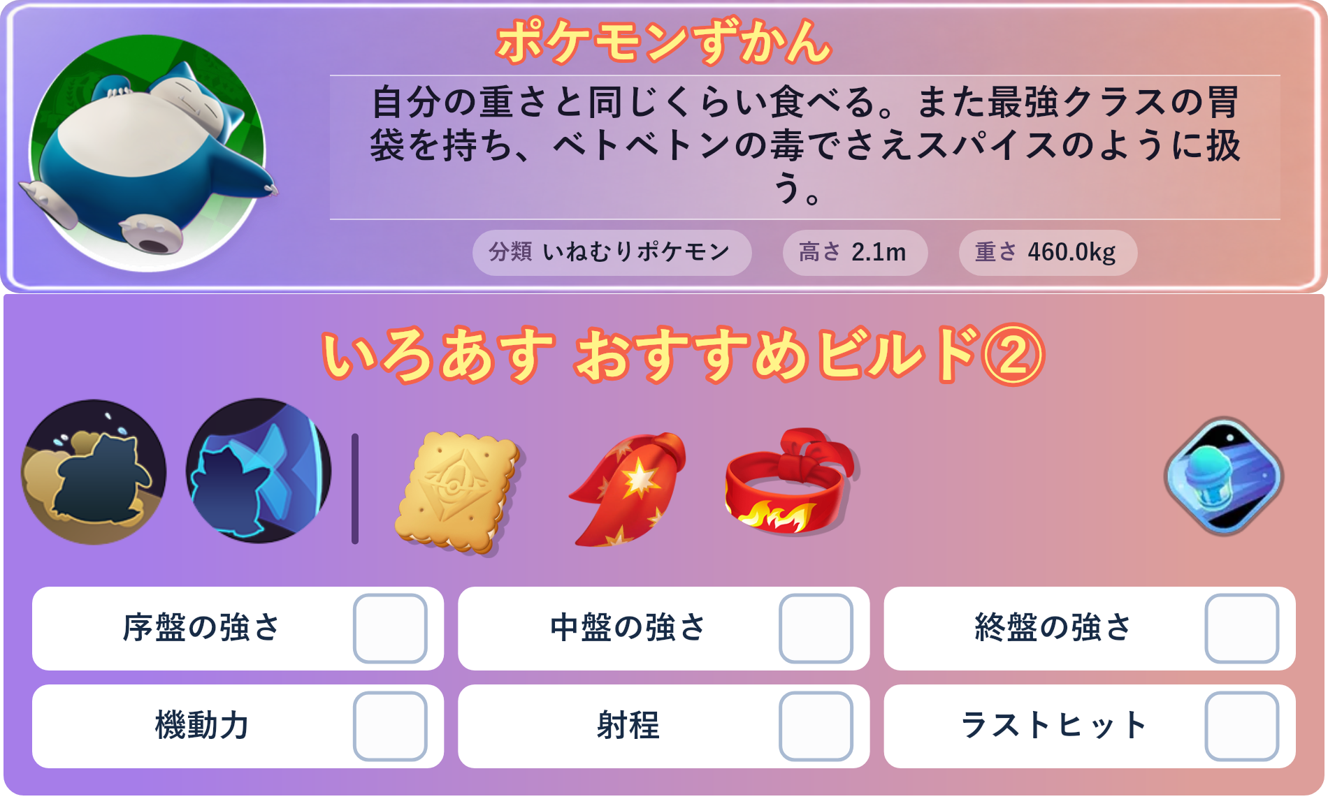 カビゴン。ポケモンずかん：自分の重さと同じくらい食べる。また最強クラスの胃袋を持ち、ベトベトンの毒でさえスパイスのように扱う。 分類：いねむりポケモン、高さ：2.1m、重さ：460.0kg。いろあす おすすめビルド②。技：じたばた、とおせんぼう。持ち物：エオスビスケット、れんだスカーフ、きあいのハチマキ。バトルアイテム：スピーダー。。