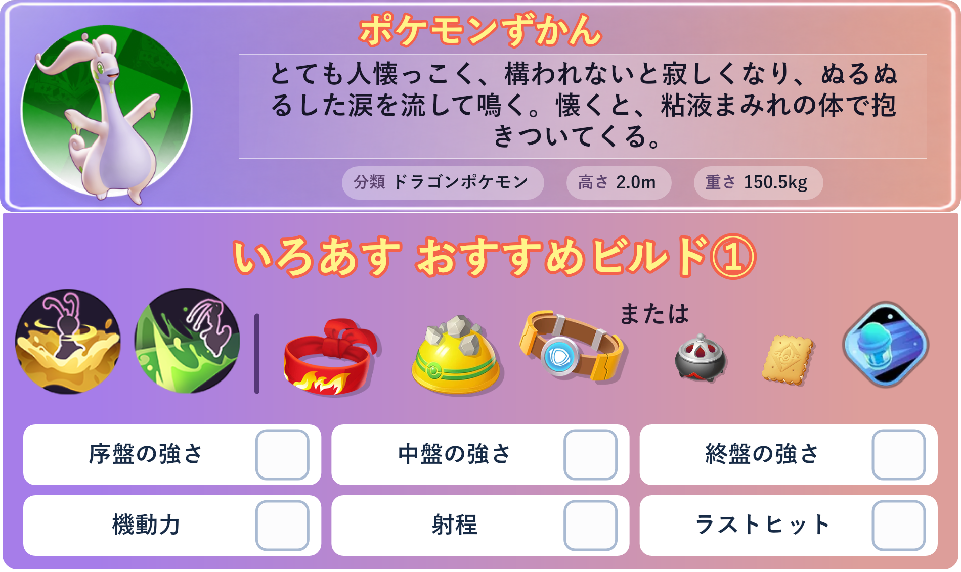 ヌメルゴン。ポケモンずかん：とても人懐っこく、構われないと寂しくなり、ぬるぬるした涙を流して鳴く。懐くと、粘液まみれの体で抱きついてくる。 分類：ドラゴンポケモン、高さ：2.0m、重さ：150.5kg。いろあす おすすめビルド①。技：だくりゅう、パワーウィップ。持ち物：きあいのハチマキ、ゴツゴツメット、ふんばりベルト。バトルアイテム：スピーダー。。