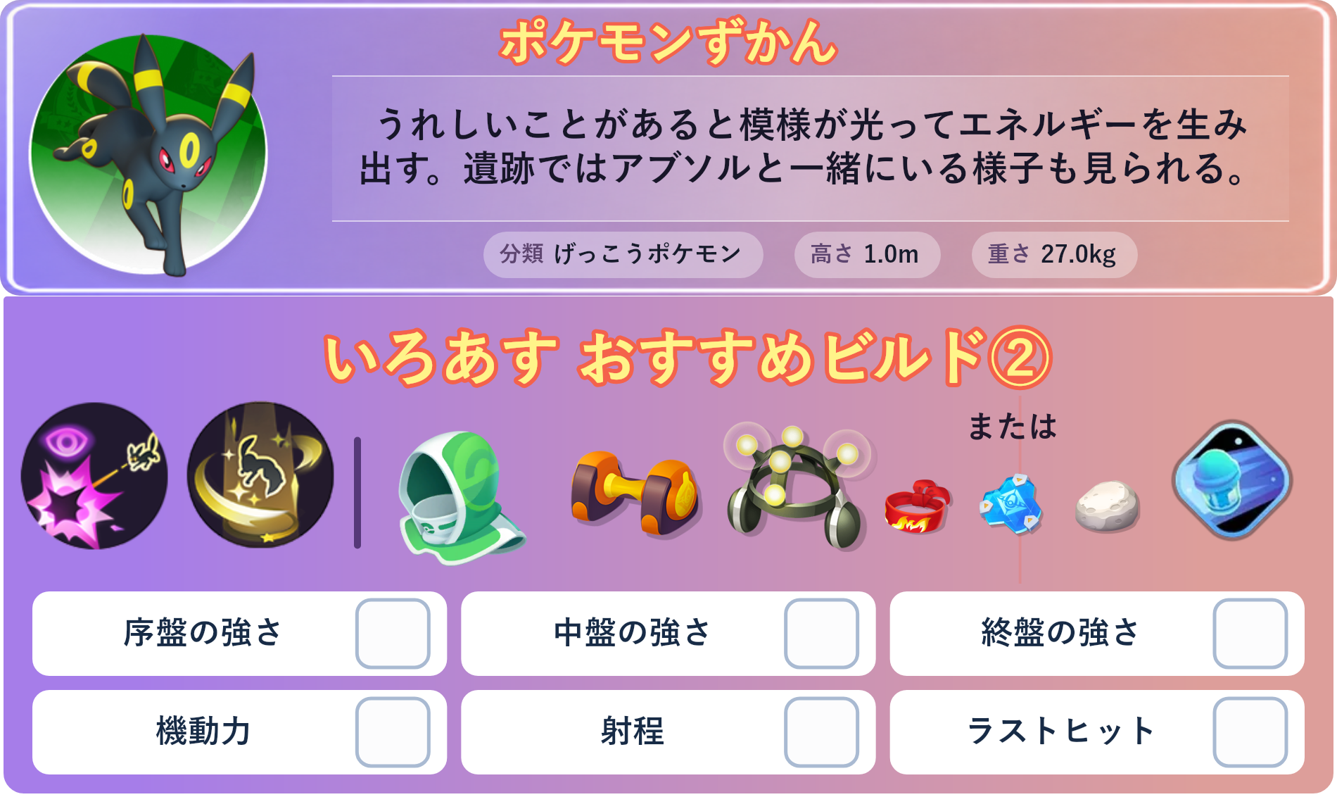 ブラッキー。ポケモンずかん：うれしいことがあると模様が光ってエネルギーを生み出す。遺跡ではアブソルと一緒にいる様子も見られる。 分類：げっこうポケモン、高さ：1.0m、重さ：27.0kg。いろあす おすすめビルド②。技：くろいまなざし、ねがいごと。持ち物：レスキューフード、もうこうダンベル、がくしゅうそうち。バトルアイテム：スピーダー。持ち物：レスキューフード、もうこうダンベル、がくしゅうそうち。持ち物 または：きあいのハチマキ、おたすけバリア、かるいし。