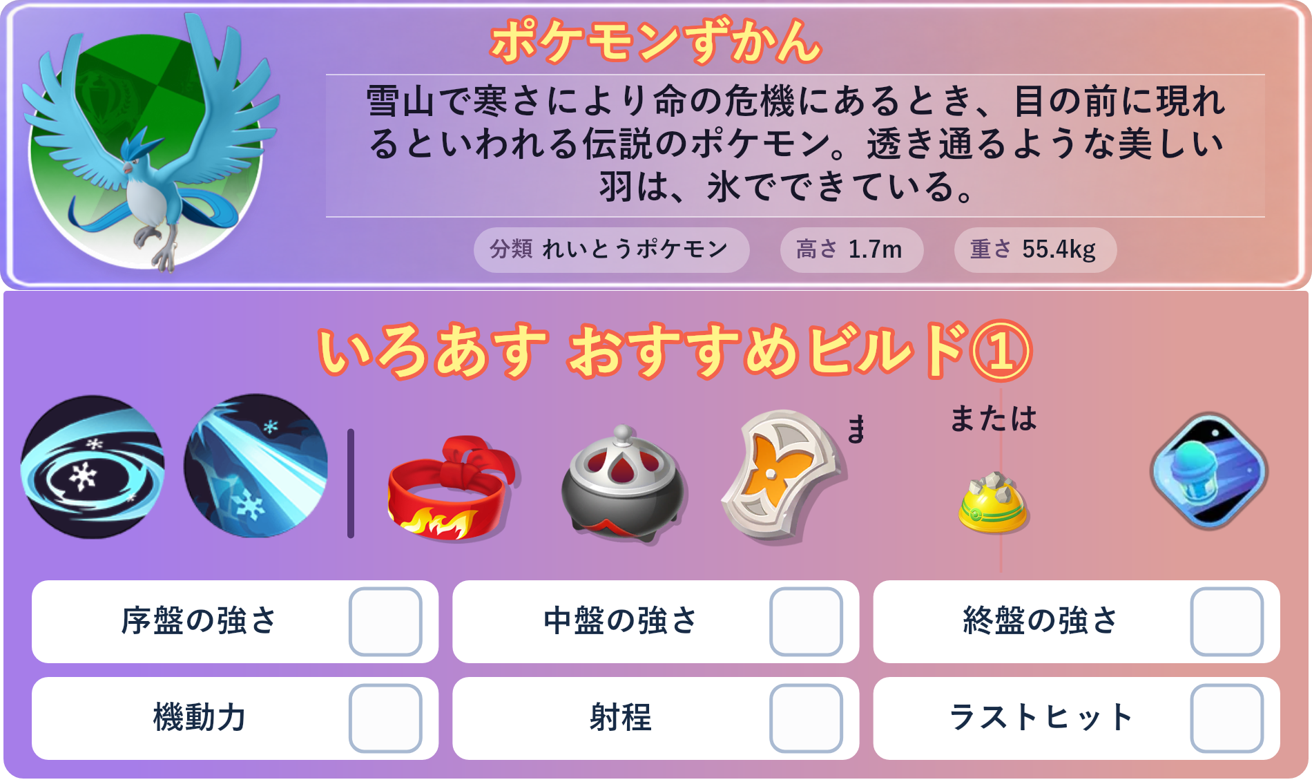フリーザー。ポケモンずかん：雪山で寒さにより命の危機にあるとき、目の前に現れるといわれる伝説のポケモン。透き通るような美しい羽は、氷でできている。 分類：れいとうポケモン、高さ：1.7m、重さ：55.4kg。いろあす おすすめビルド①。技：ふぶき、れいとうビーム。持ち物：きあいのハチマキ、のろいのおこう、きょうめいガード。バトルアイテム：スピーダー。持ち物 または：ゴツゴツメット。