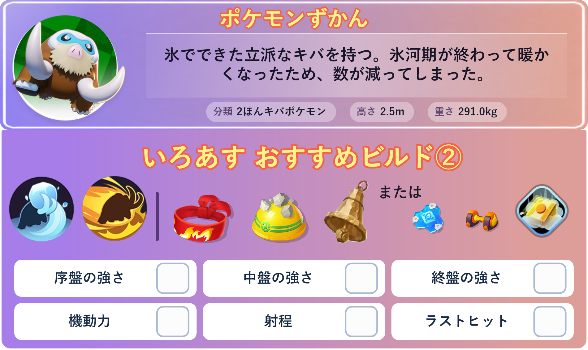 マンムー。ポケモンずかん：氷でできた立派なキバを持つ。氷河期が終わって暖かくなったため、数が減ってしまった。 分類：2ほんキバポケモン、高さ：2.5m、重さ：291.0kg。いろあす おすすめビルド②。技：こおりのキバ、じゅうまんばりき。持ち物：きあいのハチマキ、ゴツゴツメット、さきがけベル。バトルアイテム：だっしゅつボタン。。