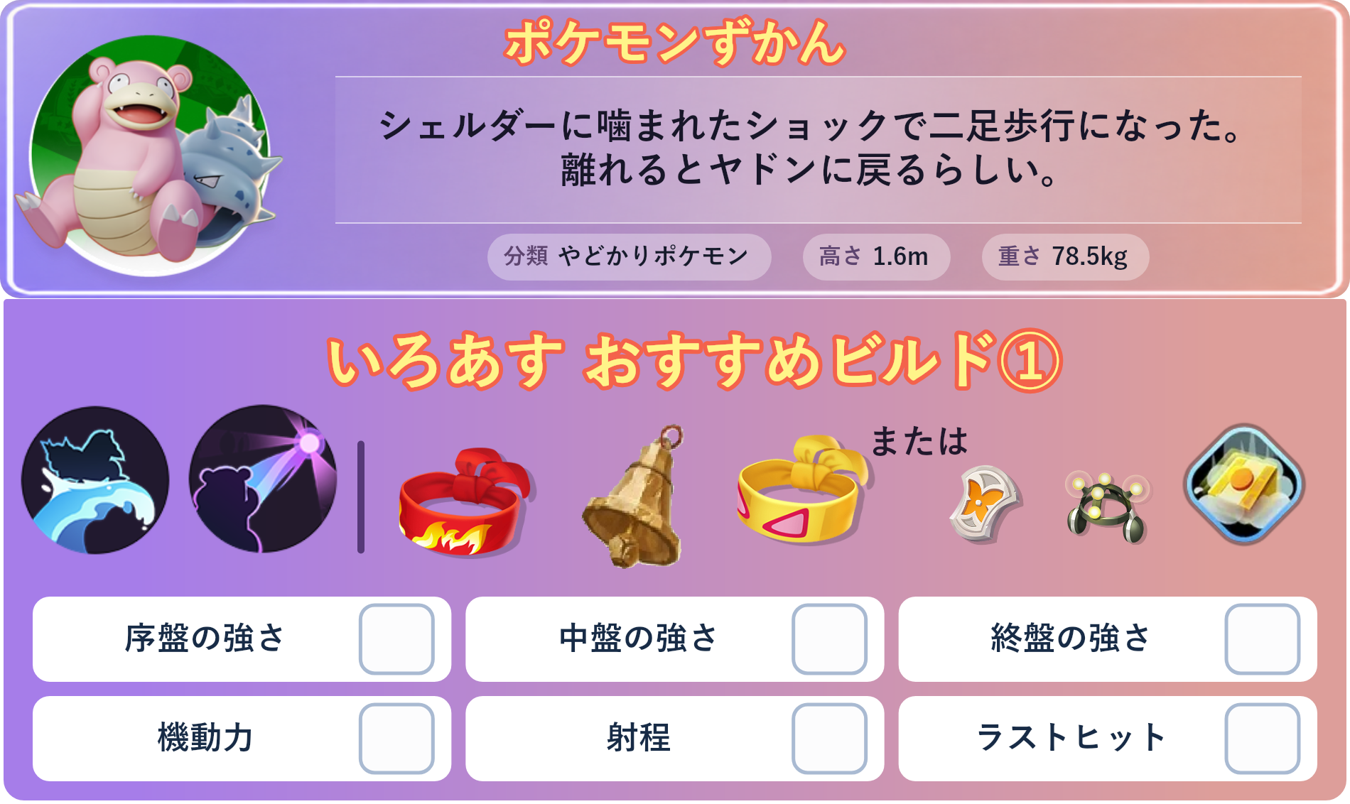 ヤドラン。ポケモンずかん：シェルダーに噛まれたショックで二足歩行になった。離れるとヤドンに戻るらしい。 分類：やどかりポケモン、高さ：1.6m、重さ：78.5kg。いろあす おすすめビルド①。技：なみのり、テレキネシス。持ち物：きあいのハチマキ、さきがけベル、ちからのハチマキ。バトルアイテム：だっしゅつボタン。。