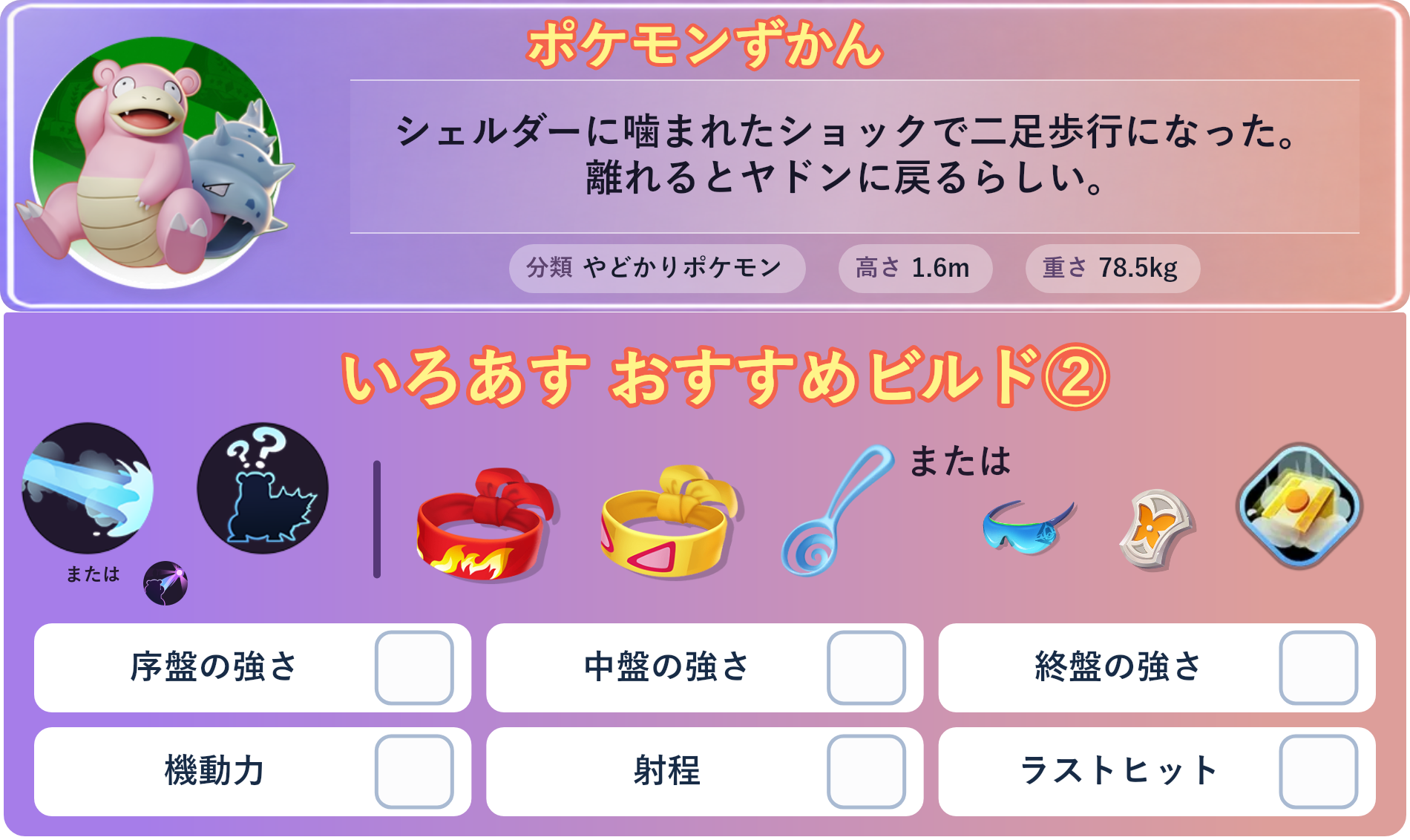 ヤドラン。ポケモンずかん：シェルダーに噛まれたショックで二足歩行になった。離れるとヤドンに戻るらしい。 分類：やどかりポケモン、高さ：1.6m、重さ：78.5kg。いろあす おすすめビルド②。技：ねっとう、ドわすれ。持ち物：きあいのハチマキ、ちからのハチマキ、すりぬけスプーン。バトルアイテム：だっしゅつボタン。技：ねっとう、ドわすれ。技 または：テレキネシス。