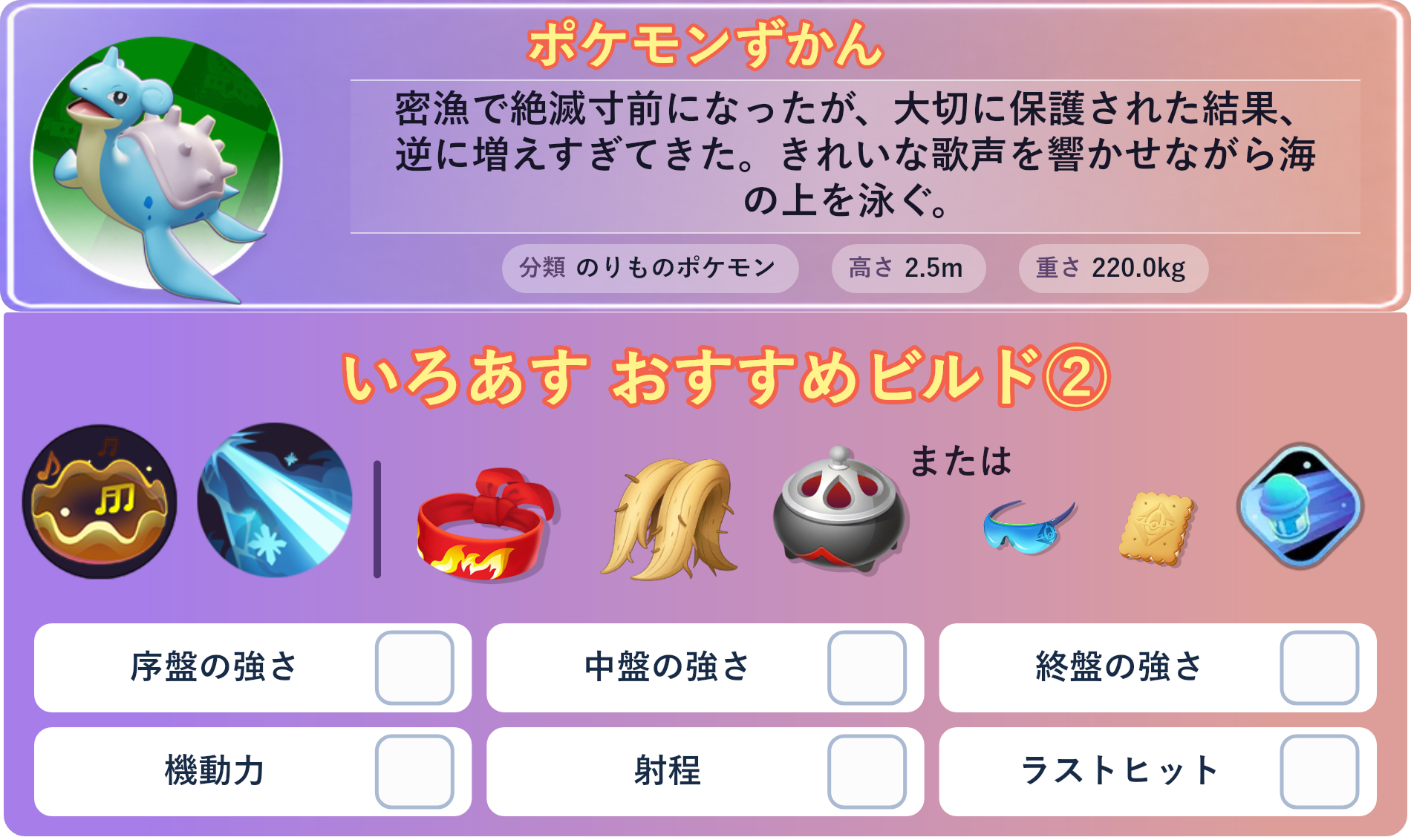 ラプラス。ポケモンずかん：密漁で絶滅寸前になったが、大切に保護された結果、逆に増えすぎてきた。きれいな歌声を響かせながら海の上を泳ぐ。 分類：のりものポケモン、高さ：2.5m、重さ：220.0kg。いろあす おすすめビルド②。技：ほろびのうた、れいとうビーム。持ち物：きあいのハチマキ、おおきなねっこ、のろいのおこう。バトルアイテム：スピーダー。。
