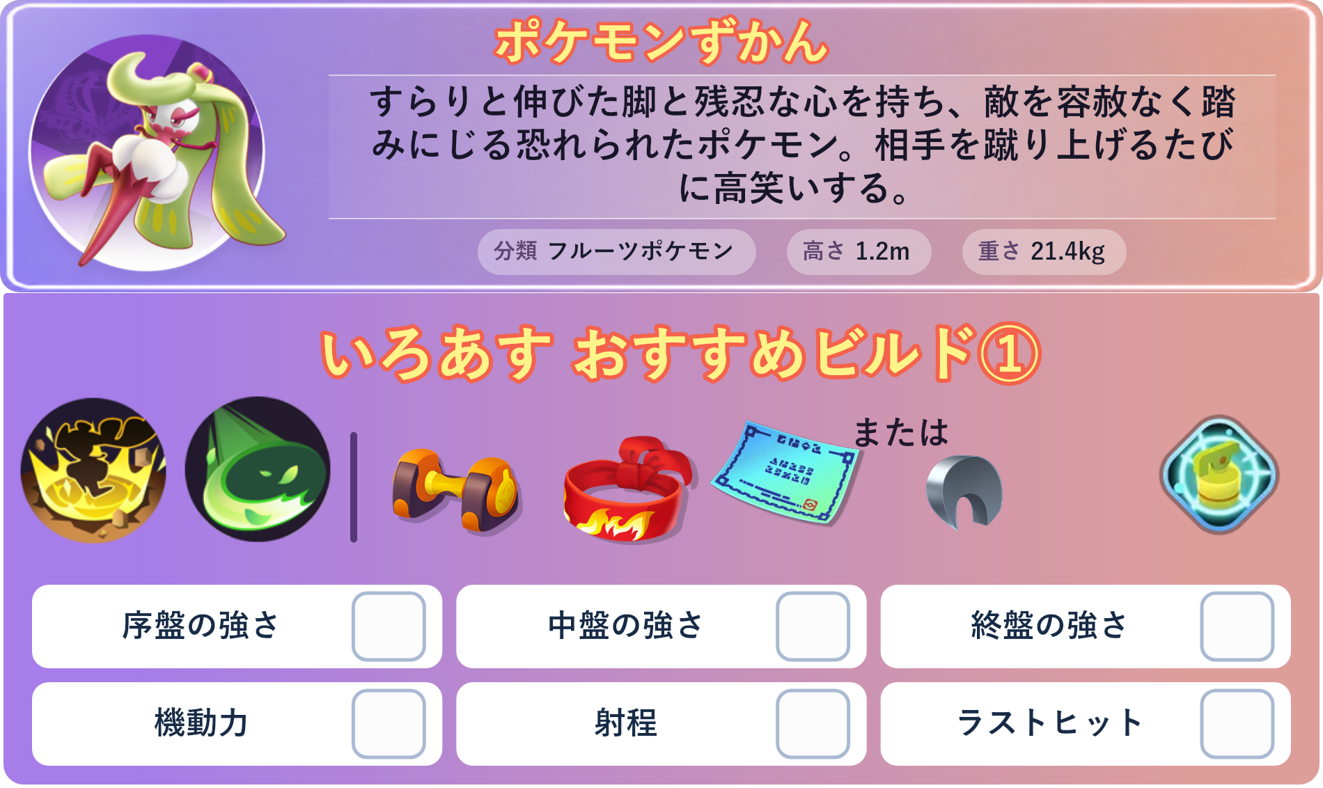 アマージョ。ポケモンずかん：すらりと伸びた脚と残忍な心を持ち、敵を容赦なく踏みにじる恐れられたポケモン。相手を蹴り上げるたびに高笑いする。 分類：フルーツポケモン、高さ：1.2m、重さ：21.4kg。いろあす おすすめビルド①。技：ふみつけ、グラススライダー。持ち物：もうこうダンベル、きあいのハチマキ、じゃくてんほけん。バトルアイテム：なんでもなおし。。