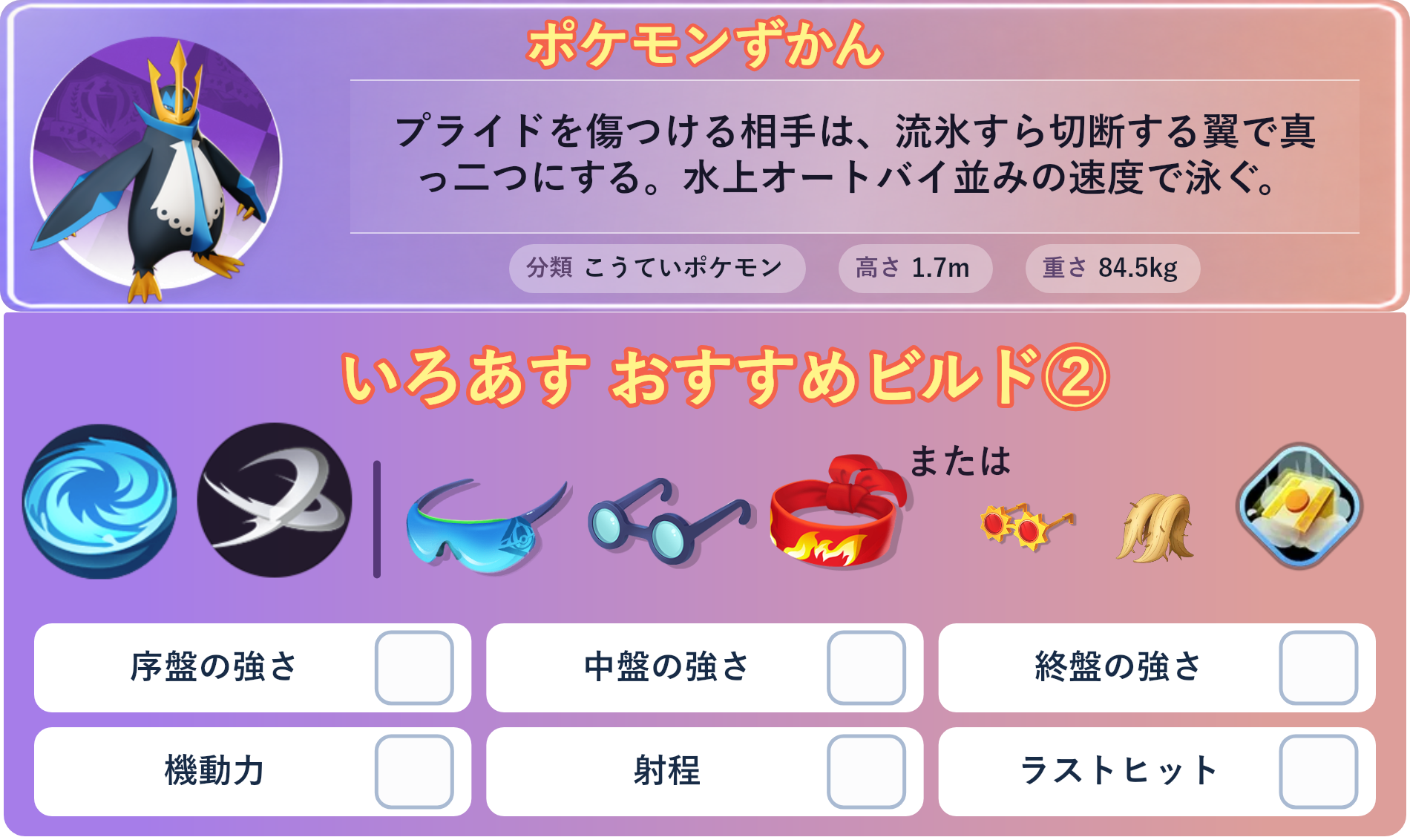 エンペルト。ポケモンずかん：プライドを傷つける相手は、流氷すら切断する翼で真っ二つにする。水上オートバイ並みの速度で泳ぐ。 分類：こうていポケモン、高さ：1.7m、重さ：84.5kg。いろあす おすすめビルド②。技：うずしお、メタルクロー。持ち物：しんげきメガネ、ものしりメガネ、きあいのハチマキ。バトルアイテム：だっしゅつボタン。。