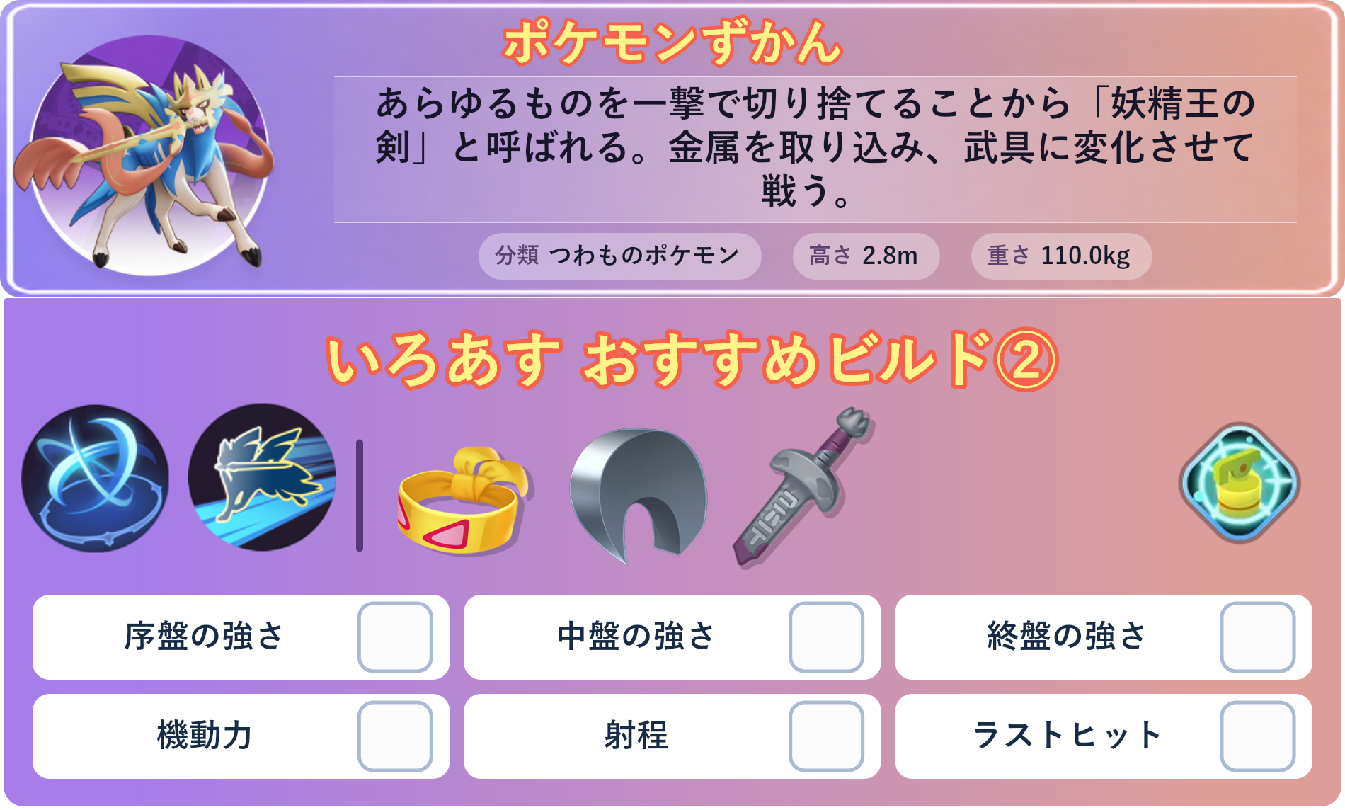 ザシアン。ポケモンずかん：あらゆるものを一撃で切り捨てることから「妖精王の剣」と呼ばれる。金属を取り込み、武具に変化させて戦う。 分類：つわものポケモン、高さ：2.8m、重さ：110.0kg。いろあす おすすめビルド②。技：せいなるつるぎ、こうそくいどう。持ち物：ちからのハチマキ、するどいツメ、くちたけん。バトルアイテム：なんでもなおし。。