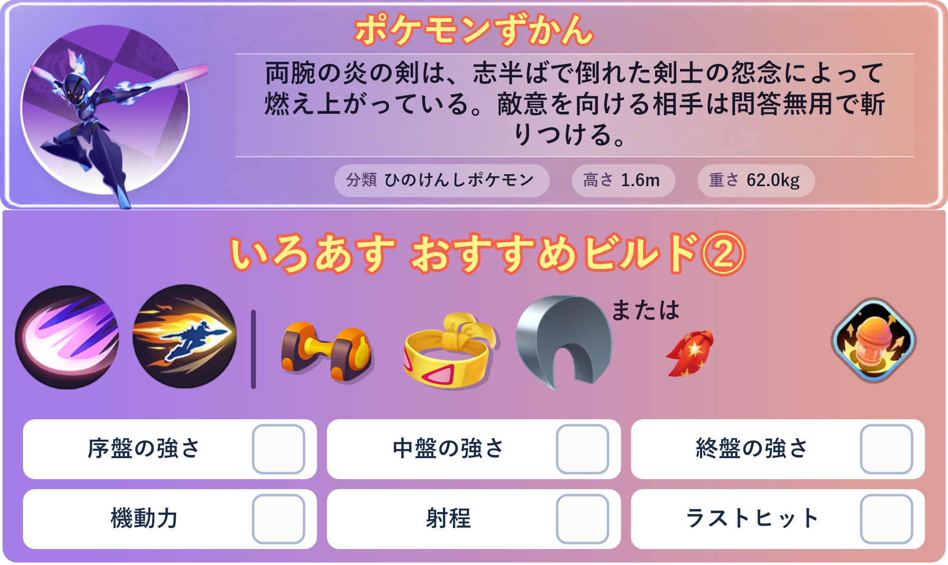 ソウブレイズ。ポケモンずかん：両腕の炎の剣は、志半ばで倒れた剣士の怨念によって燃え上がっている。敵意を向ける相手は問答無用で斬りつける。 分類：ひのけんしポケモン、高さ：1.6m、重さ：62.0kg。いろあす おすすめビルド②。技：サイコカッター、ニトロチャージ。持ち物：もうこうダンベル、ちからのハチマキ、するどいツメ。バトルアイテム：プラスパワー。。