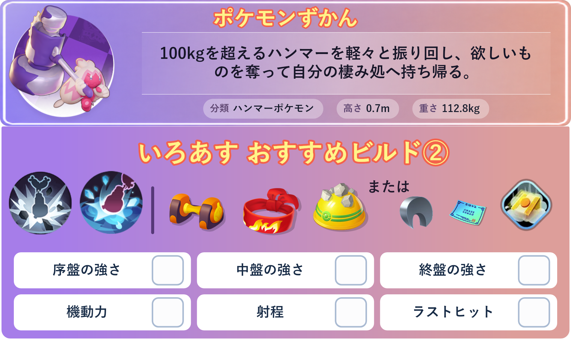 デカヌチャン。ポケモンずかん：100kgを超えるハンマーを軽々と振り回し、欲しいものを奪って自分の棲み処へ持ち帰る。 分類：ハンマーポケモン、高さ：0.7m、重さ：112.8kg。いろあす おすすめビルド②。技：デカハンマー、アイスハンマー。持ち物：もうこうダンベル、きあいのハチマキ、ゴツゴツメット。バトルアイテム：だっしゅつボタン。。