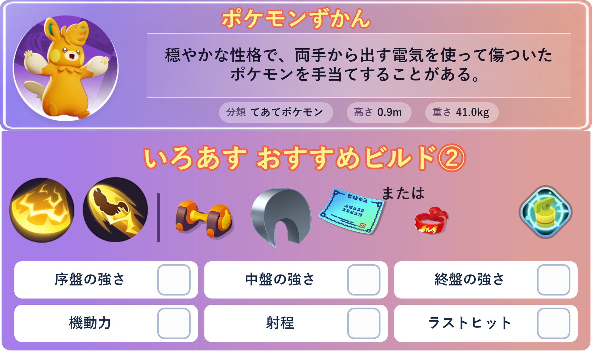 パーモット。ポケモンずかん：穏やかな性格で、両手から出す電気を使って傷ついたポケモンを手当てすることがある。 分類：てあてポケモン、高さ：0.9m、重さ：41.0kg。いろあす おすすめビルド②。技：かみなりパンチ、ボルトチェンジ。持ち物：もうこうダンベル、するどいツメ、じゃくてんほけん。バトルアイテム：なんでもなおし。。