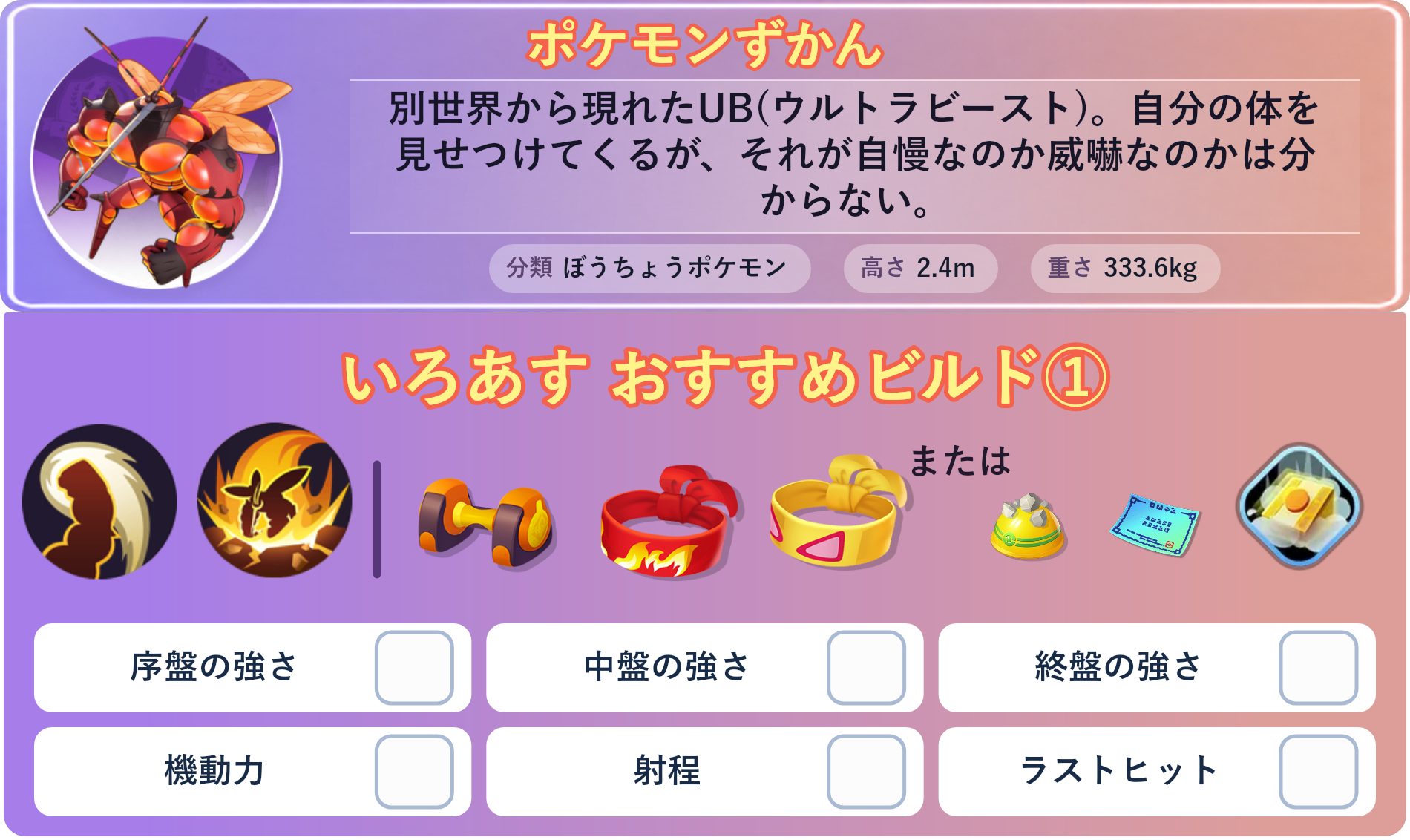 マッシブーン。ポケモンずかん：別世界から現れたUB(ウルトラビースト)。自分の体を見せつけてくるが、それが自慢なのか威嚇なのかは分からない。 分類：ぼうちょうポケモン、高さ：2.4m、重さ：333.6kg。いろあす おすすめビルド①。技：うちおとす、ばかぢから。持ち物：もうこうダンベル、きあいのハチマキ、ちからのハチマキ。バトルアイテム：だっしゅつボタン。。