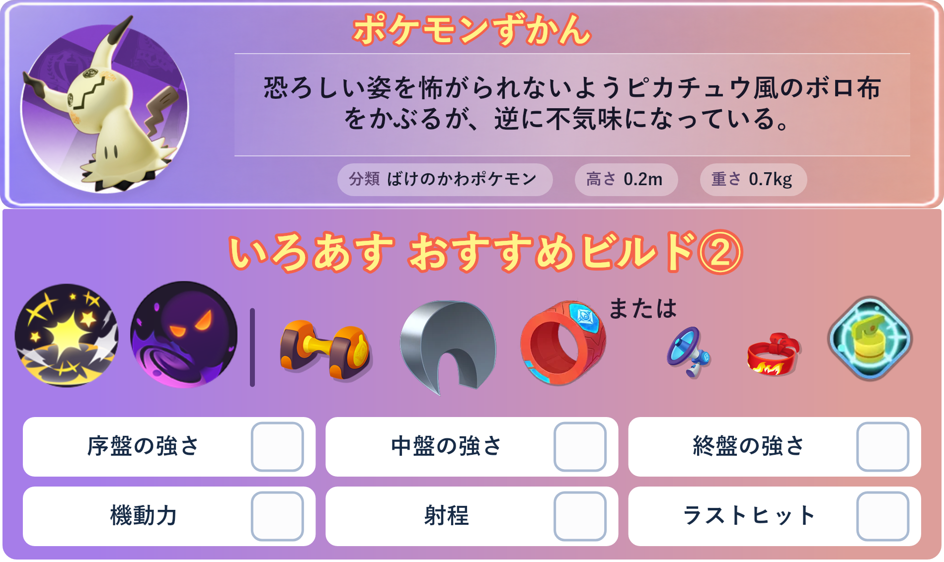 ミミッキュ。ポケモンずかん：恐ろしい姿を怖がられないようピカチュウ風のボロ布をかぶるが、逆に不気味になっている。 分類：ばけのかわポケモン、高さ：0.2m、重さ：0.7kg。いろあす おすすめビルド②。技：じゃれつく、かげうち。持ち物：もうこうダンベル、するどいツメ、アクセルリスト。バトルアイテム：なんでもなおし。。