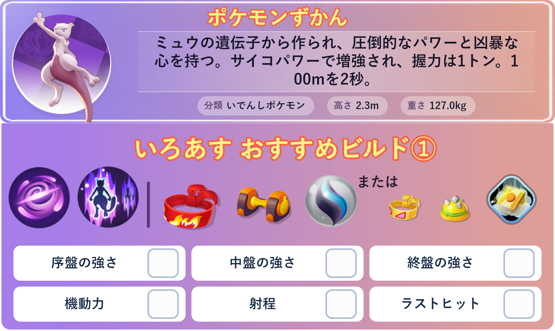ミュウツーX。ポケモンずかん：ミュウの遺伝子から作られ、圧倒的なパワーと凶暴な心を持つ。サイコパワーで増強され、握力は1トン。100mを2秒。 分類：いでんしポケモン、高さ：2.3m、重さ：127.0kg。いろあす おすすめビルド①。技：みらいよち、テレポート。持ち物：きあいのハチマキ、もうこうダンベル、ミュウツナイトX。バトルアイテム：だっしゅつボタン。。