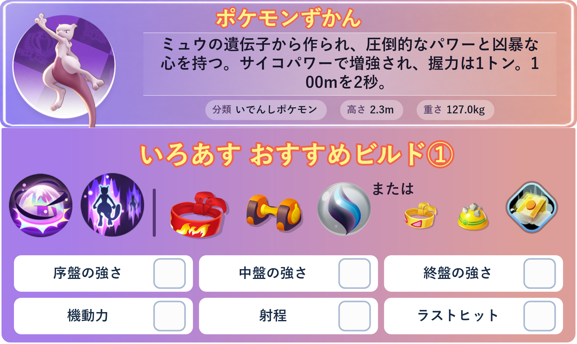 ミュウツーX。ポケモンずかん：ミュウの遺伝子から作られ、圧倒的なパワーと凶暴な心を持つ。サイコパワーで増強され、握力は1トン。100mを2秒。 分類：いでんしポケモン、高さ：2.3m、重さ：127.0kg。いろあす おすすめビルド①。技：サイコブレイク、テレポート。持ち物：きあいのハチマキ、もうこうダンベル、ミュウツナイトX。バトルアイテム：だっしゅつボタン。。