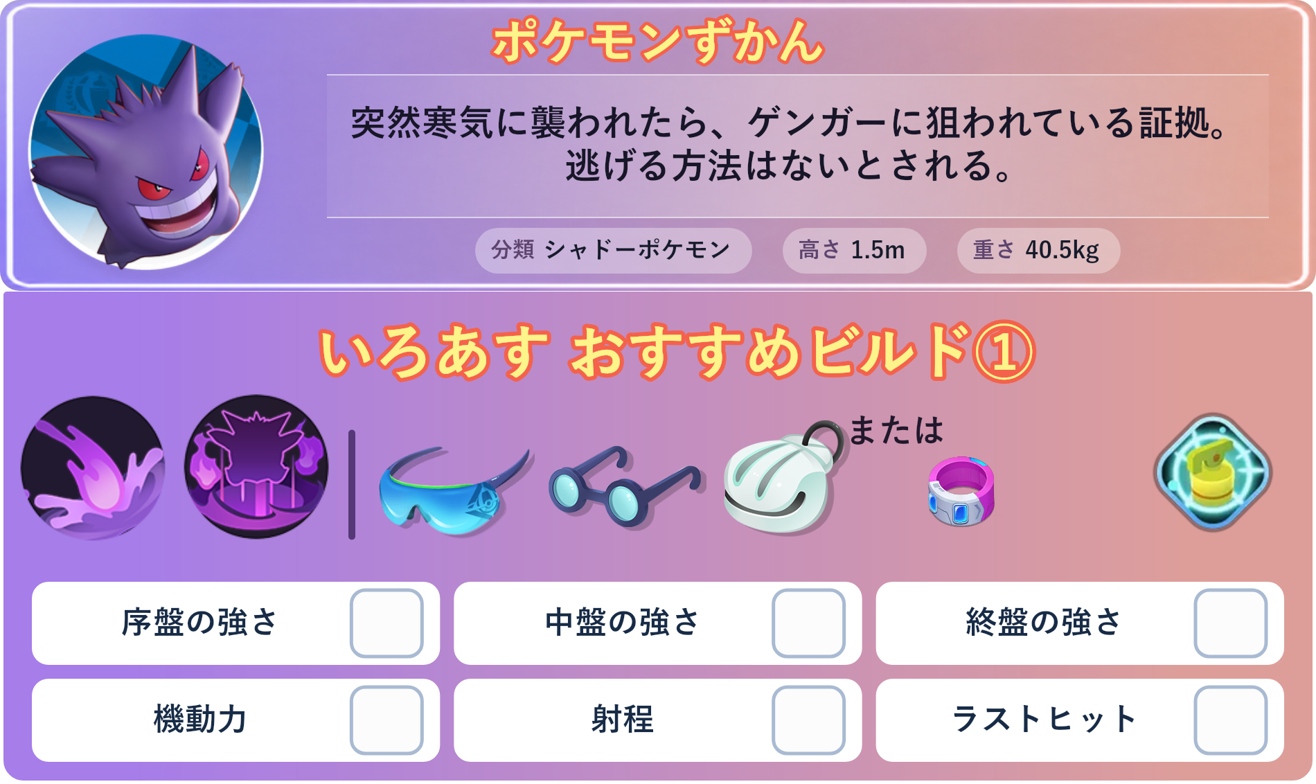 ゲンガー。ポケモンずかん：突然寒気に襲われたら、ゲンガーに狙われている証拠。逃げる方法はないとされる。 分類：シャドーポケモン、高さ：1.5m、重さ：40.5kg。いろあす おすすめビルド①。技：ヘドロばくだん、たたりめ。持ち物：しんげきメガネ、ものしりメガネ、かいがらのすず。バトルアイテム：なんでもなおし。。