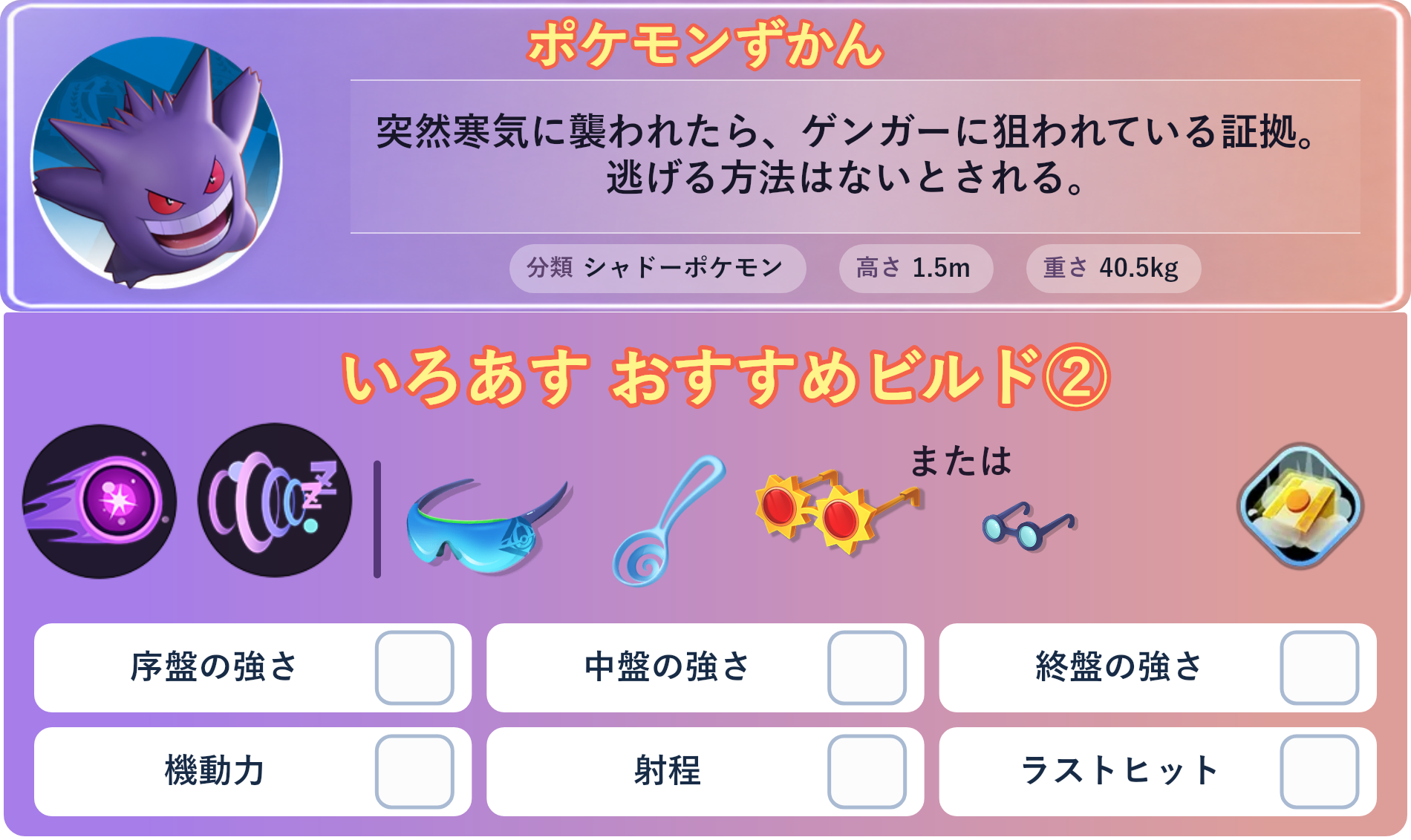 ゲンガー。ポケモンずかん：突然寒気に襲われたら、ゲンガーに狙われている証拠。逃げる方法はないとされる。 分類：シャドーポケモン、高さ：1.5m、重さ：40.5kg。いろあす おすすめビルド②。技：シャドーボール、ゆめくい。持ち物：しんげきメガネ、すりぬけスプーン、こだわりメガネ。バトルアイテム：だっしゅつボタン。。
