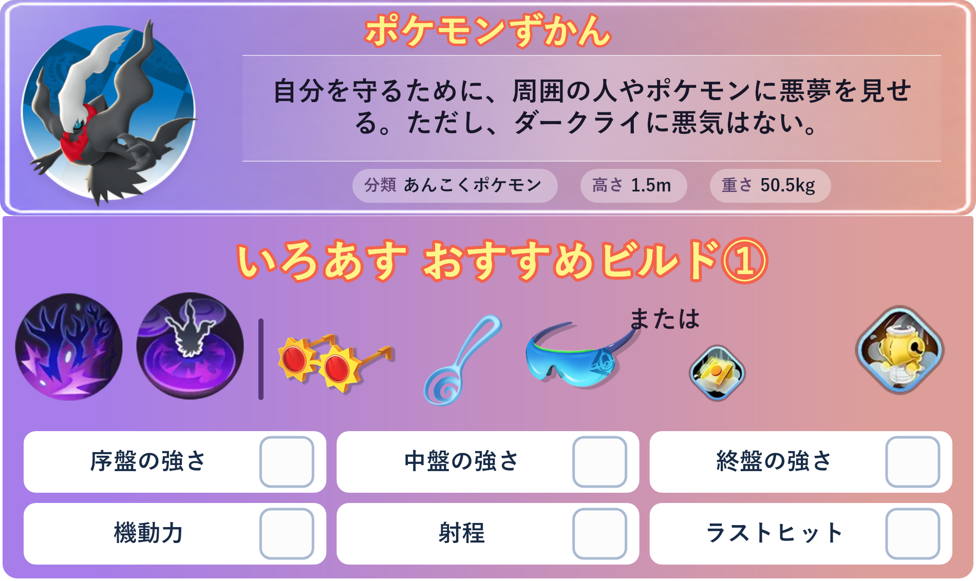 ダークライ。ポケモンずかん：自分を守るために、周囲の人やポケモンに悪夢を見せる。ただし、ダークライに悪気はない。 分類：あんこくポケモン、高さ：1.5m、重さ：50.5kg。いろあす おすすめビルド①。技：シャドークロー、あくのはどう。持ち物：こだわりメガネ、すりぬけスプーン、しんげきメガネ。バトルアイテム：ヌケニンにんぎょう。バトルアイテム または：だっしゅつボタン。
