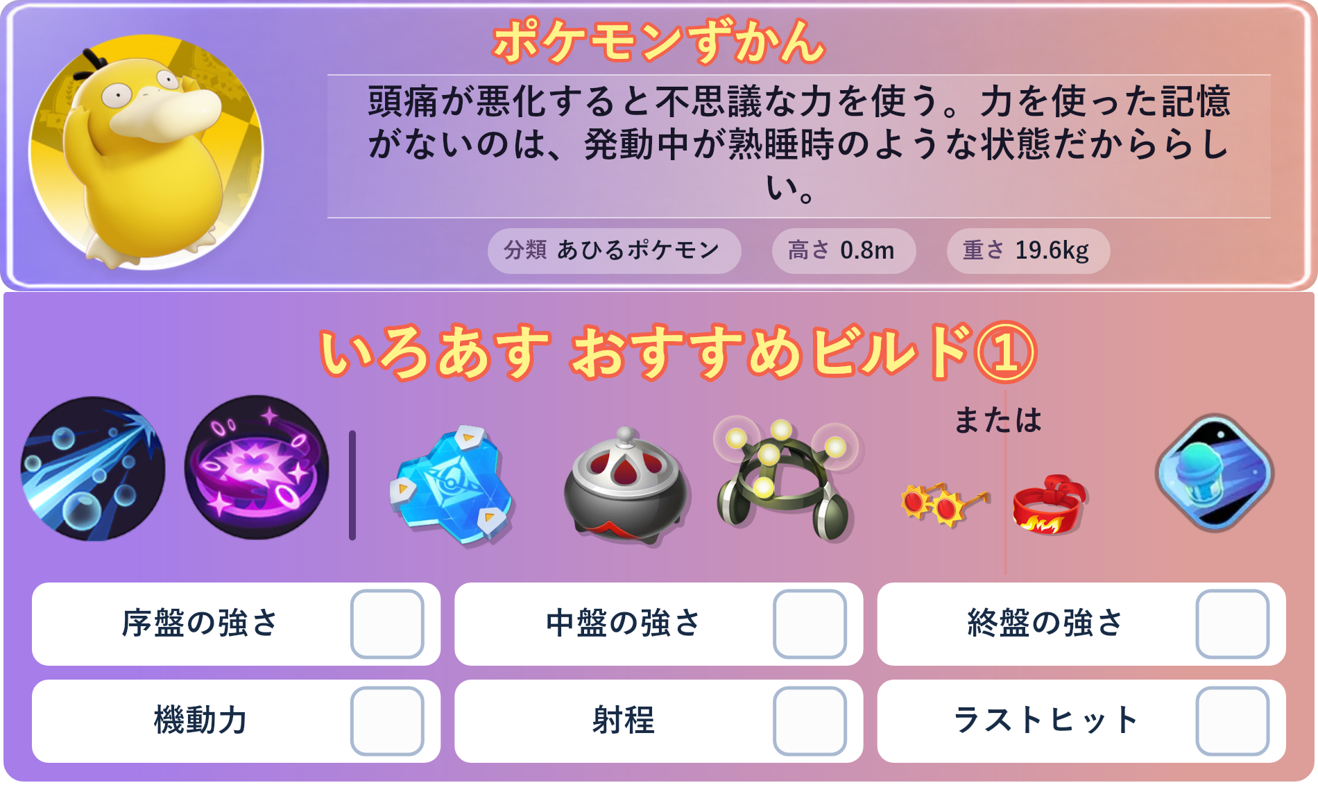 コダック。ポケモンずかん：頭痛が悪化すると不思議な力を使う。力を使った記憶がないのは、発動中が熟睡時のような状態だかららしい。 分類：あひるポケモン、高さ：0.8m、重さ：19.6kg。いろあす おすすめビルド①。技：バブルこうせん、サイコキネシス。持ち物：おたすけバリア、のろいのおこう、がくしゅうそうち。バトルアイテム：スピーダー。持ち物：おたすけバリア、のろいのおこう、がくしゅうそうち。持ち物 または：こだわりメガネ、きあいのハチマキ。