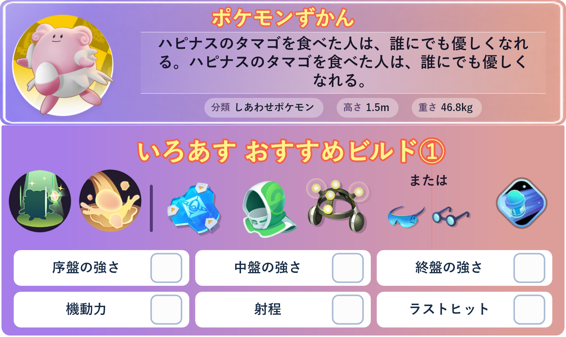 ハピナス。ポケモンずかん：ハピナスのタマゴを食べた人は、誰にでも優しくなれる。ハピナスのタマゴを食べた人は、誰にでも優しくなれる。 分類：しあわせポケモン、高さ：1.5m、重さ：46.8kg。いろあす おすすめビルド①。技：タマゴうみ、タマゴばくだん。持ち物：おたすけバリア、レスキューフード、がくしゅうそうち。バトルアイテム：スピーダー。持ち物：おたすけバリア、レスキューフード、がくしゅうそうち。持ち物 または：しんげきメガネ、ものしりメガネ。