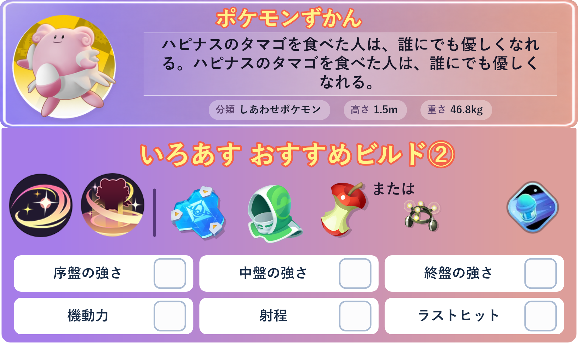 ハピナス。ポケモンずかん：ハピナスのタマゴを食べた人は、誰にでも優しくなれる。ハピナスのタマゴを食べた人は、誰にでも優しくなれる。 分類：しあわせポケモン、高さ：1.5m、重さ：46.8kg。いろあす おすすめビルド②。技：しんぴのまもり、てだすけ。持ち物：おたすけバリア、レスキューフード、たべのこし。バトルアイテム：スピーダー。。