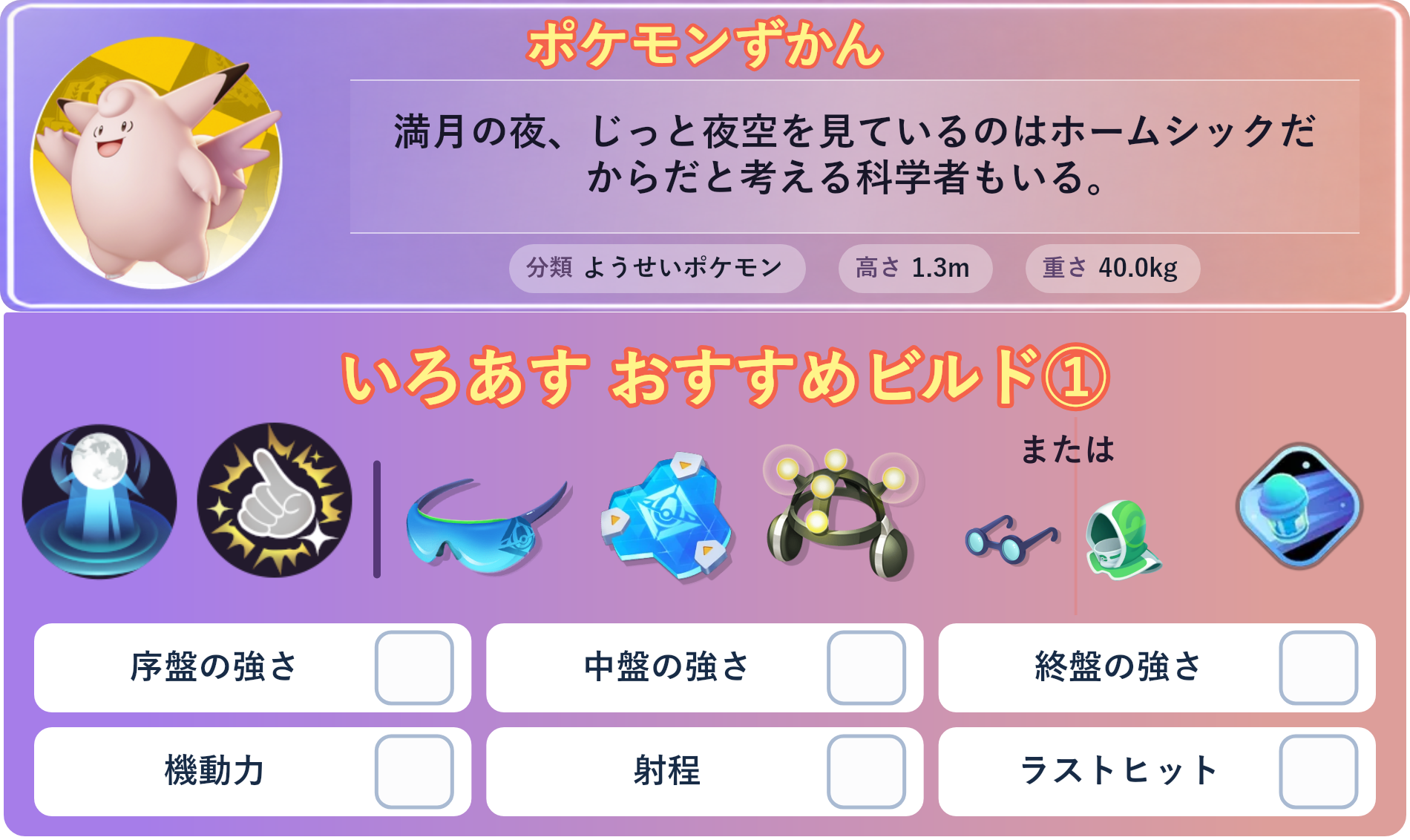 ピクシー。ポケモンずかん：満月の夜、じっと夜空を見ているのはホームシックだからだと考える科学者もいる。 分類：ようせいポケモン、高さ：1.3m、重さ：40.0kg。いろあす おすすめビルド①。技：つきのひかり、このゆびとまれ。持ち物：しんげきメガネ、おたすけバリア、がくしゅうそうち。バトルアイテム：スピーダー。持ち物：しんげきメガネ、おたすけバリア、がくしゅうそうち。持ち物 または：ものしりメガネ、レスキューフード。