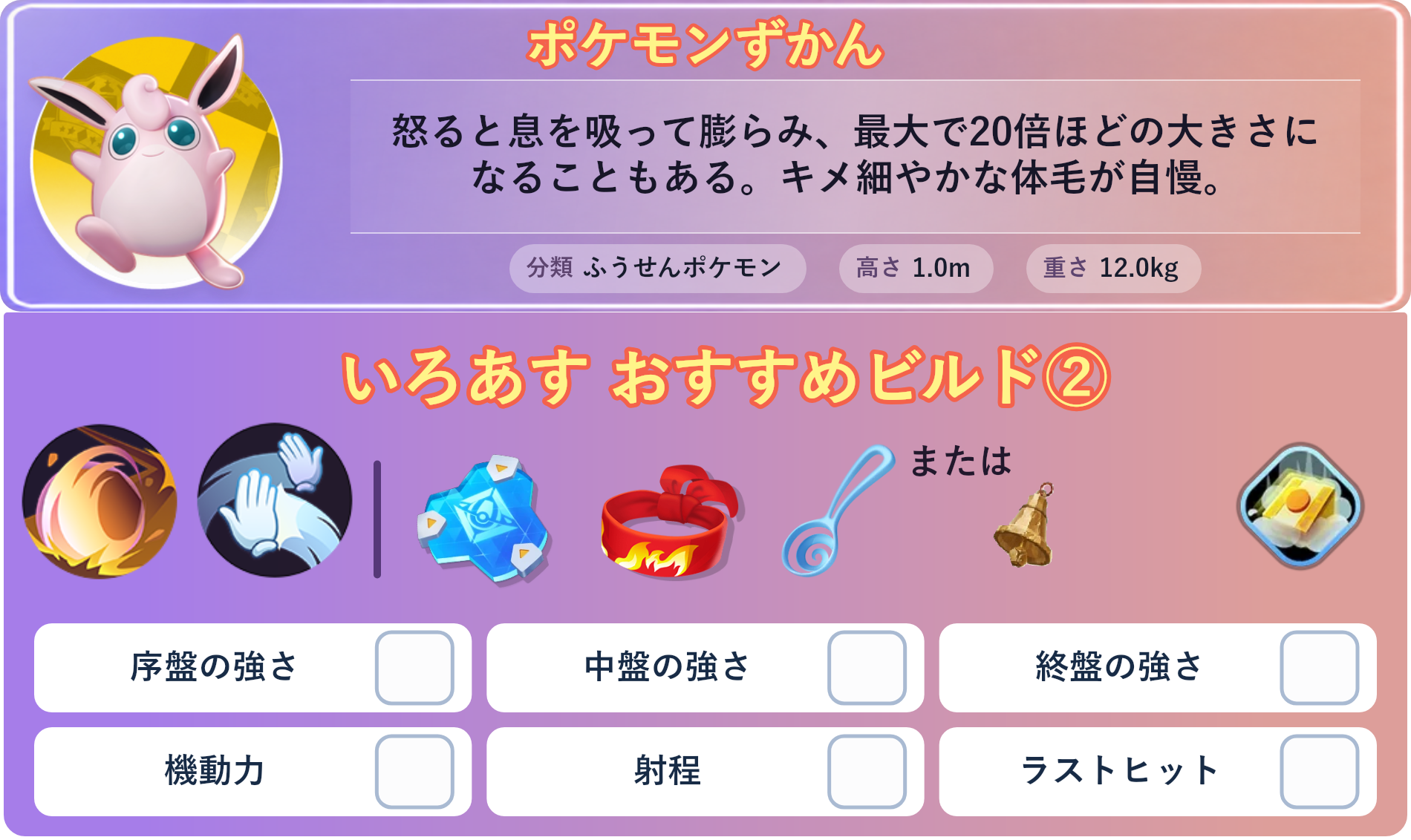 プクリン。ポケモンずかん：怒ると息を吸って膨らみ、最大で20倍ほどの大きさになることもある。キメ細やかな体毛が自慢。 分類：ふうせんポケモン、高さ：1.0m、重さ：12.0kg。いろあす おすすめビルド②。技：ころがる、おうふくビンタ。持ち物：おたすけバリア、きあいのハチマキ、すりぬけスプーン。バトルアイテム：だっしゅつボタン。。