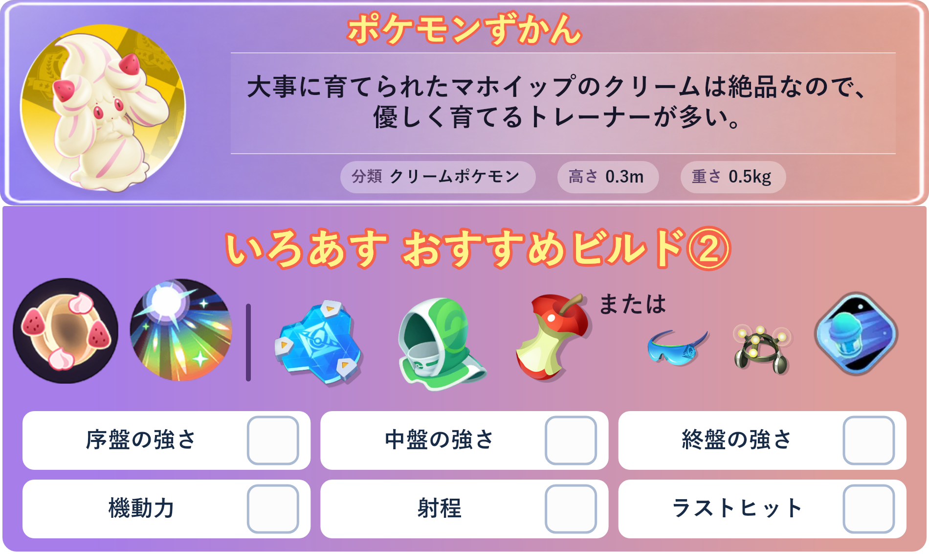 マホイップ。ポケモンずかん：大事に育てられたマホイップのクリームは絶品なので、優しく育てるトレーナーが多い。 分類：クリームポケモン、高さ：0.3m、重さ：0.5kg。いろあす おすすめビルド②。技：デコレーション、マジカルシャイン。持ち物：おたすけバリア、レスキューフード、たべのこし。バトルアイテム：スピーダー。。