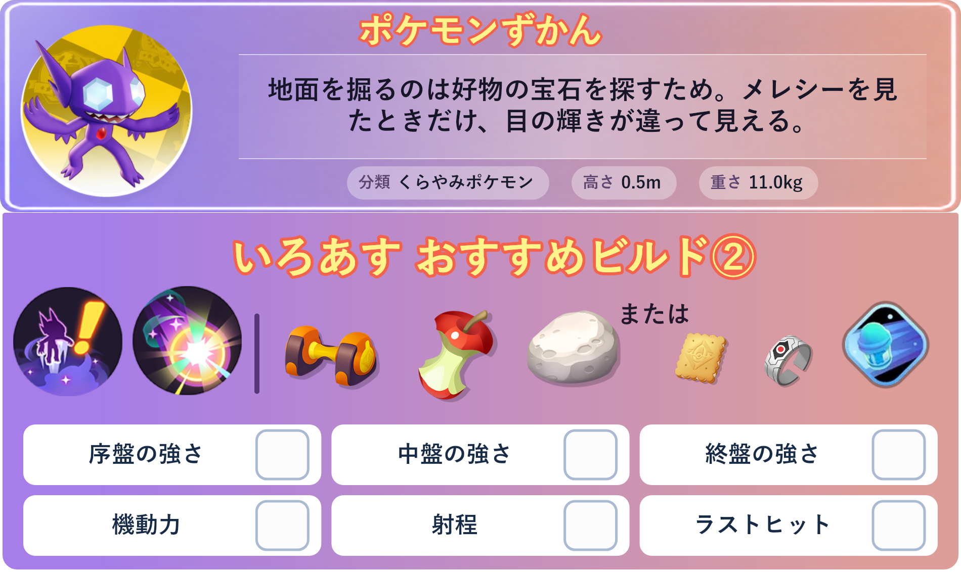 ヤミラミ。ポケモンずかん：地面を掘るのは好物の宝石を探すため。メレシーを見たときだけ、目の輝きが違って見える。 分類：くらやみポケモン、高さ：0.5m、重さ：11.0kg。いろあす おすすめビルド②。技：かげうち、あやしいひかり。持ち物：もうこうダンベル、たべのこし、かるいし。バトルアイテム：スピーダー。。