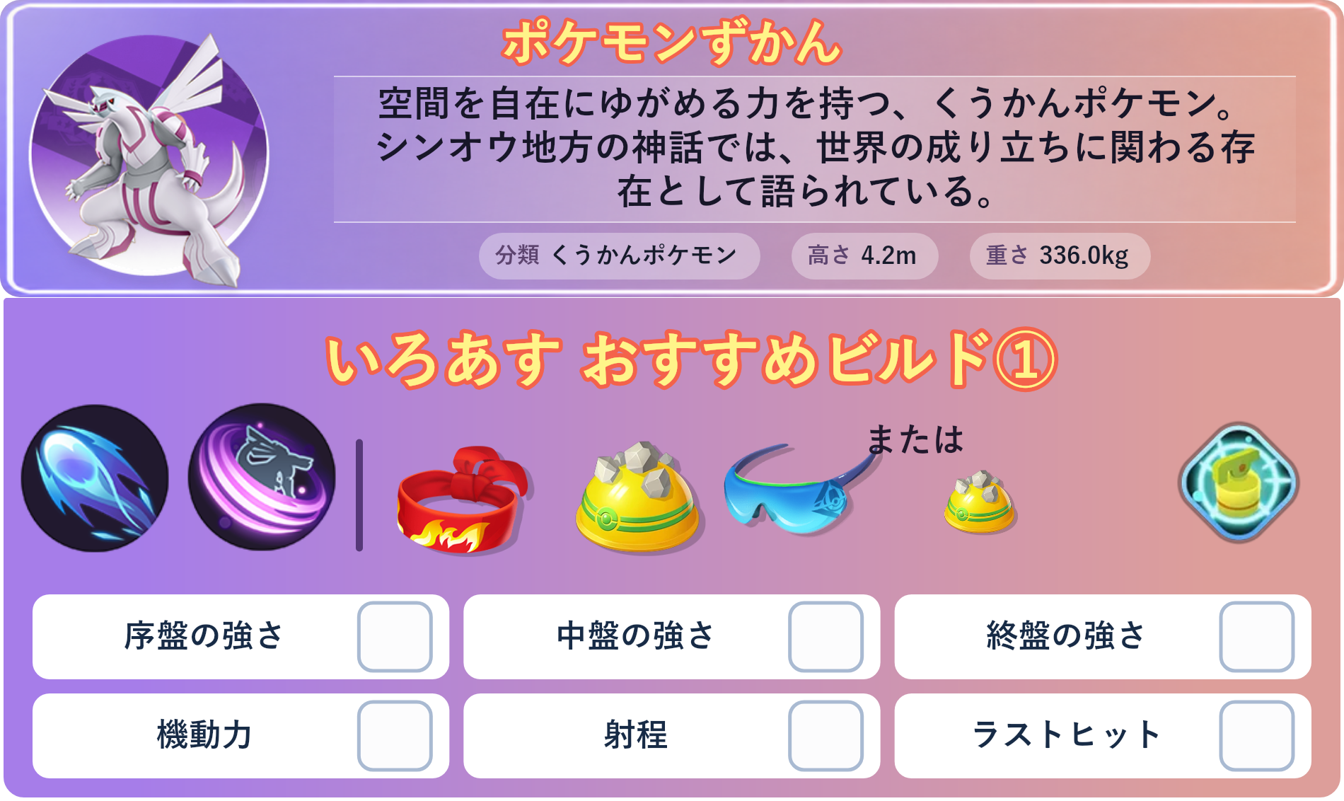 パルキア。ポケモンずかん：空間を自在にゆがめる力を持つ、くうかんポケモン。シンオウ地方の神話では、世界の成り立ちに関わる存在として語られている。 分類：くうかんポケモン、高さ：4.2m、重さ：336.0kg。いろあす おすすめビルド①。技：はどうだん、ドラゴンクロー。持ち物：きあいのハチマキ、ゴツゴツメット、しんげきメガネ。バトルアイテム：なんでもなおし。。